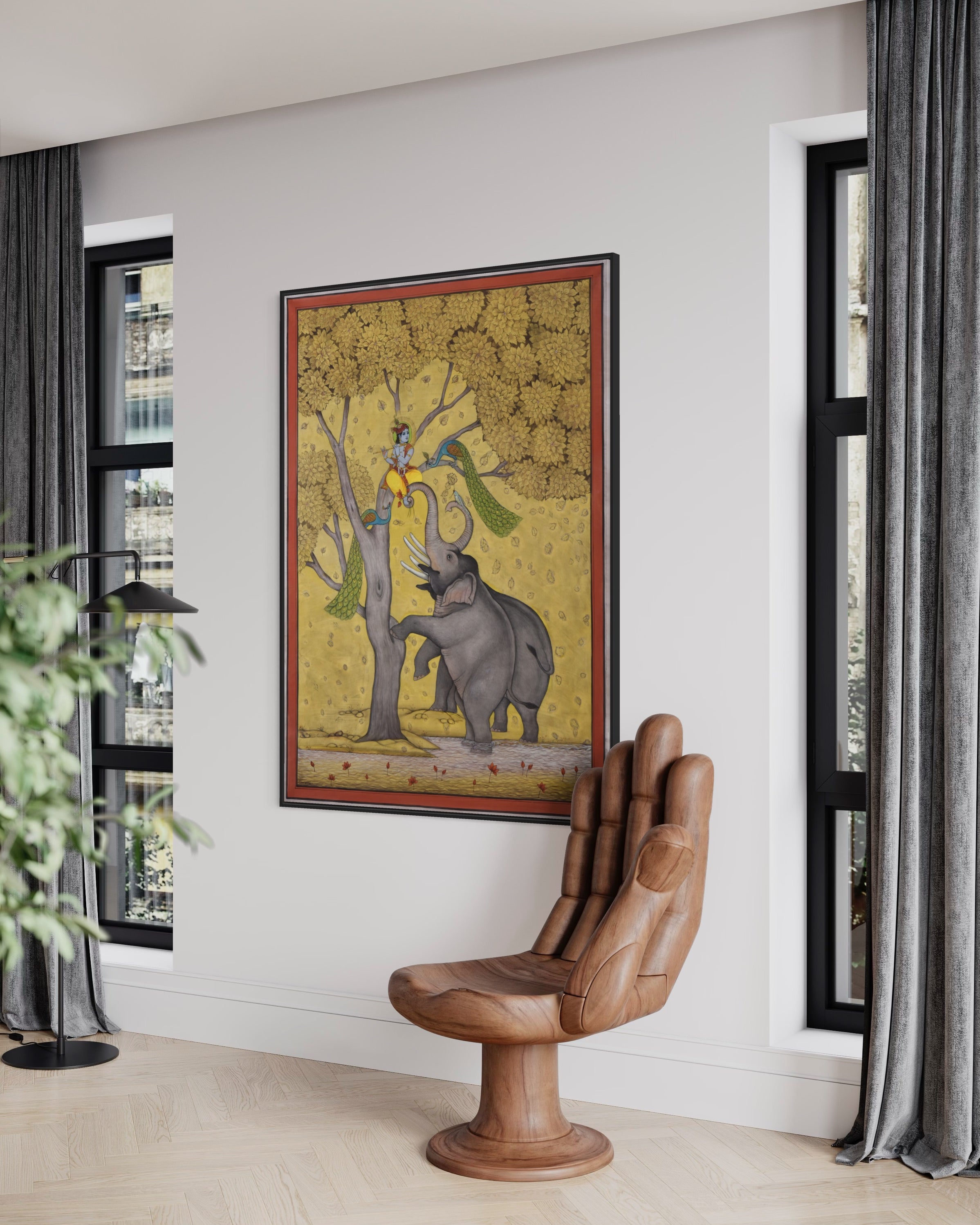 Pichwai Painting | Elephants and Lord Krishna Playing in Tree | Modern Home