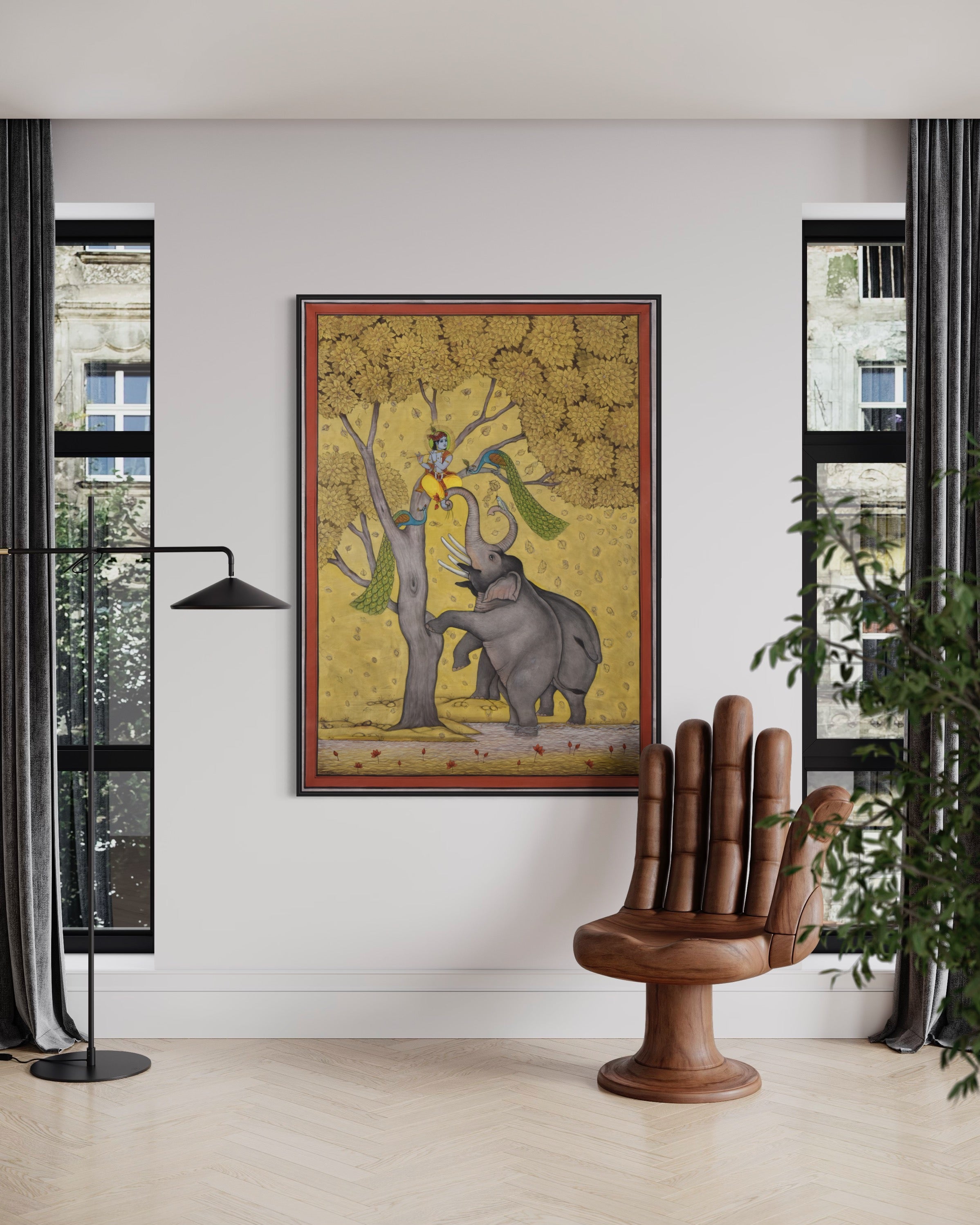 Pichwai Painting | Elephants and Lord Krishna Playing in Tree | Modern Home