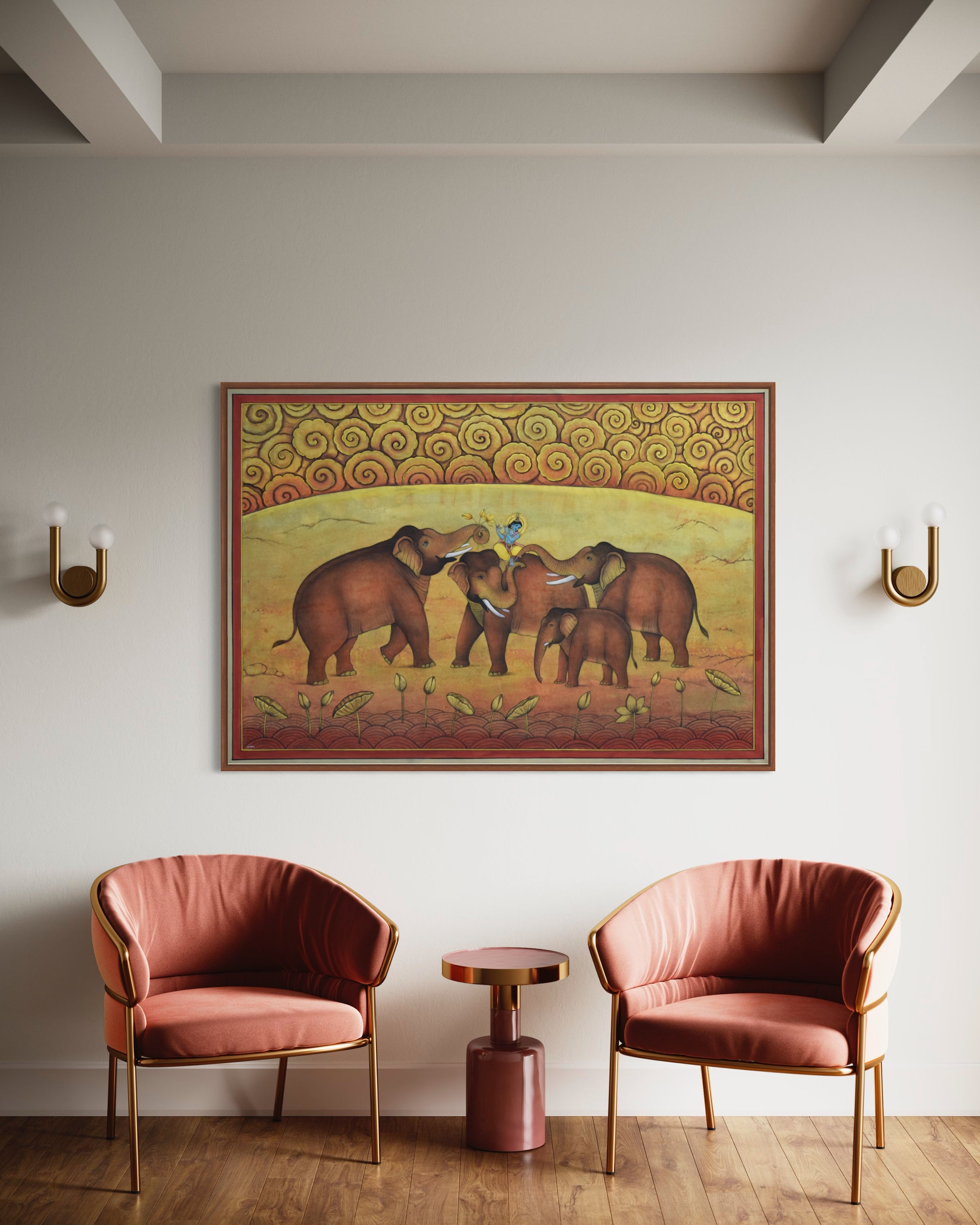 Pichwai Painting | Elephants Playing with Lord Krishna | Modern Home