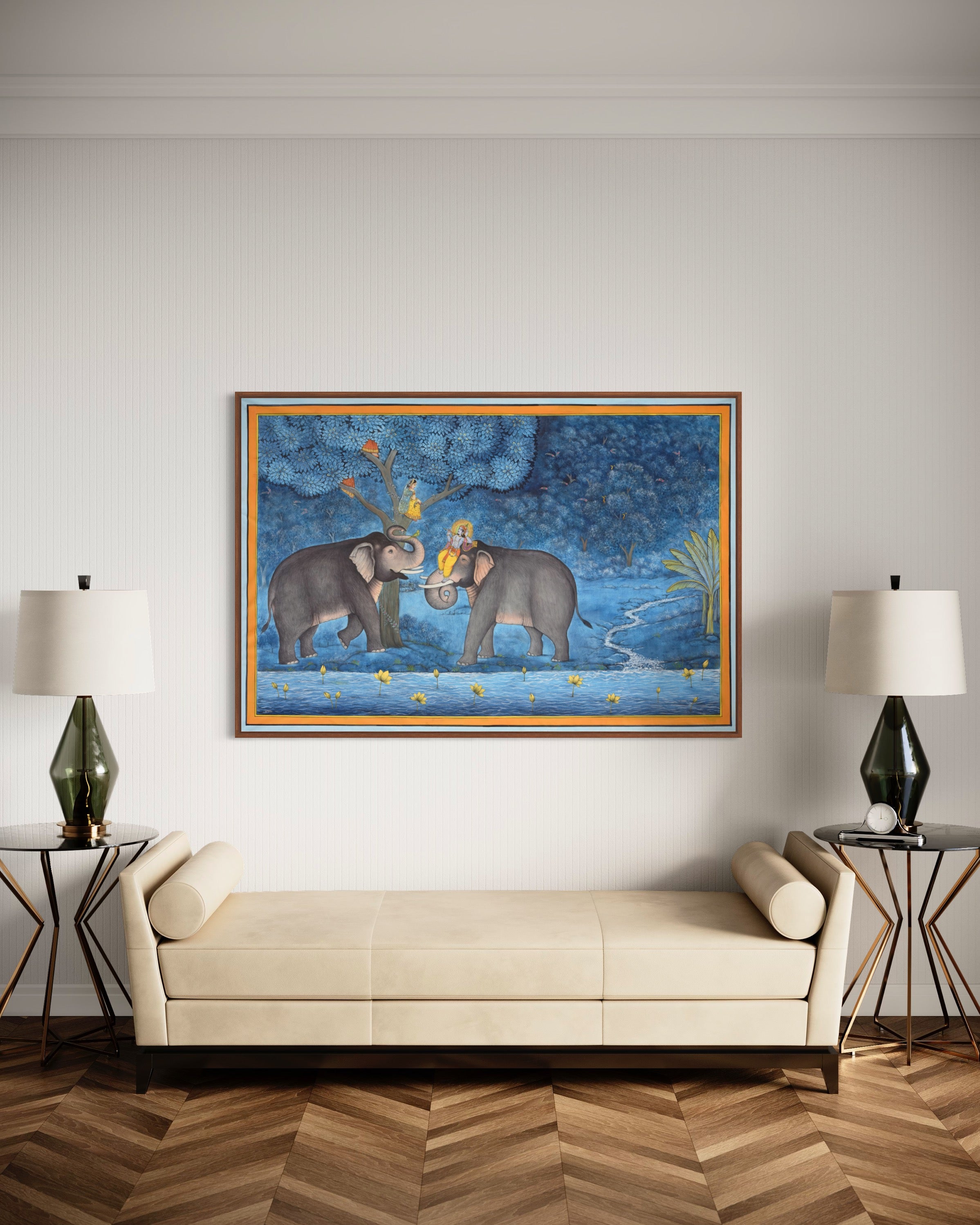 Pichwai Painting | Lord Krishna Courting on the Banks of the Ganges | Modern Home