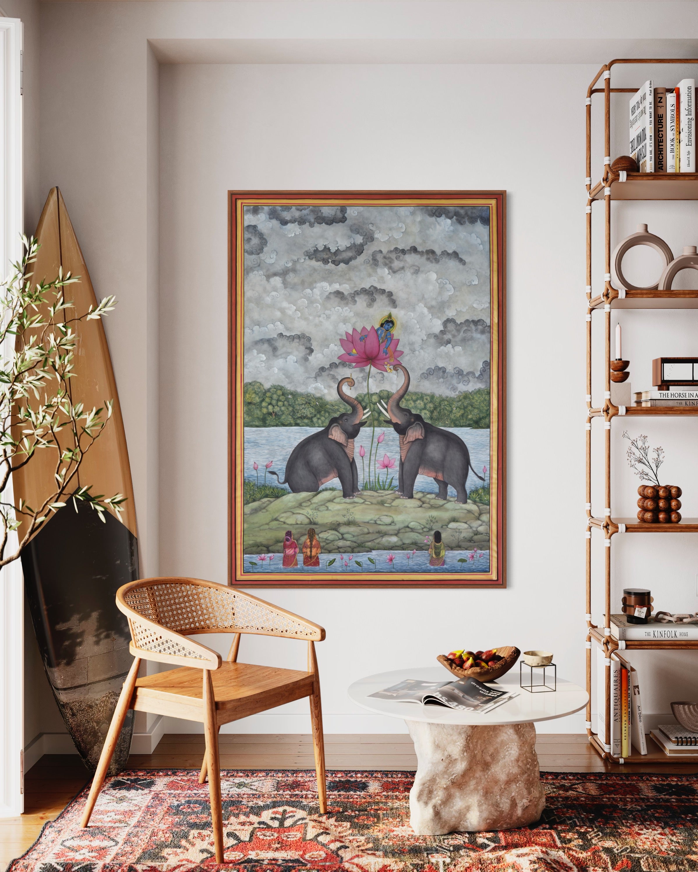Pichwai Painting | Elephants with Lord Krishna in Lotus | Modern Home