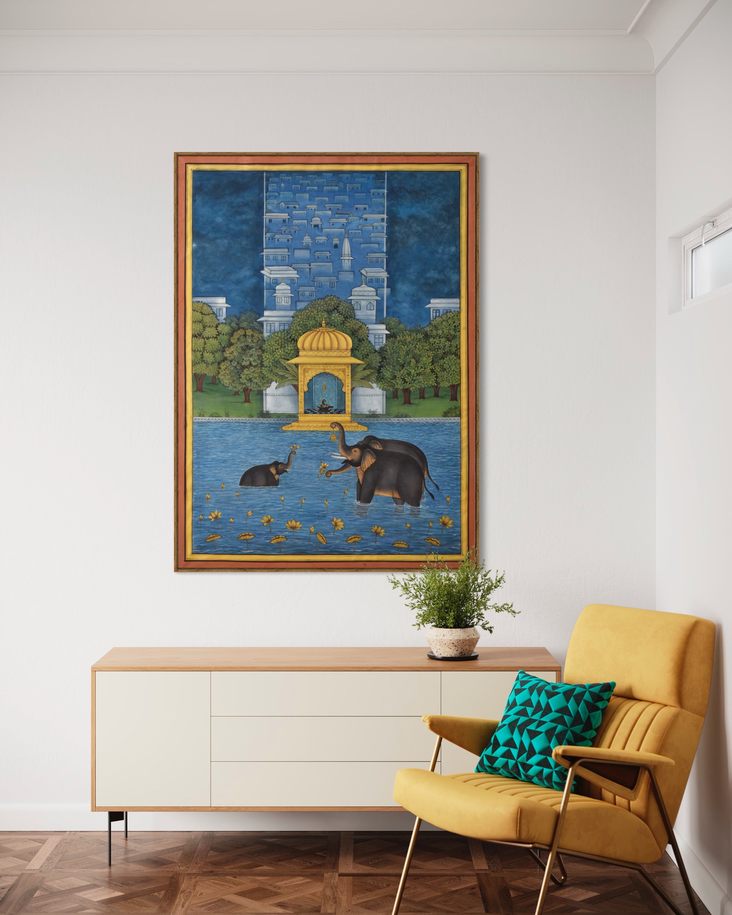 Pichwai Painting | Elephants Playing in Lake | Modern Home