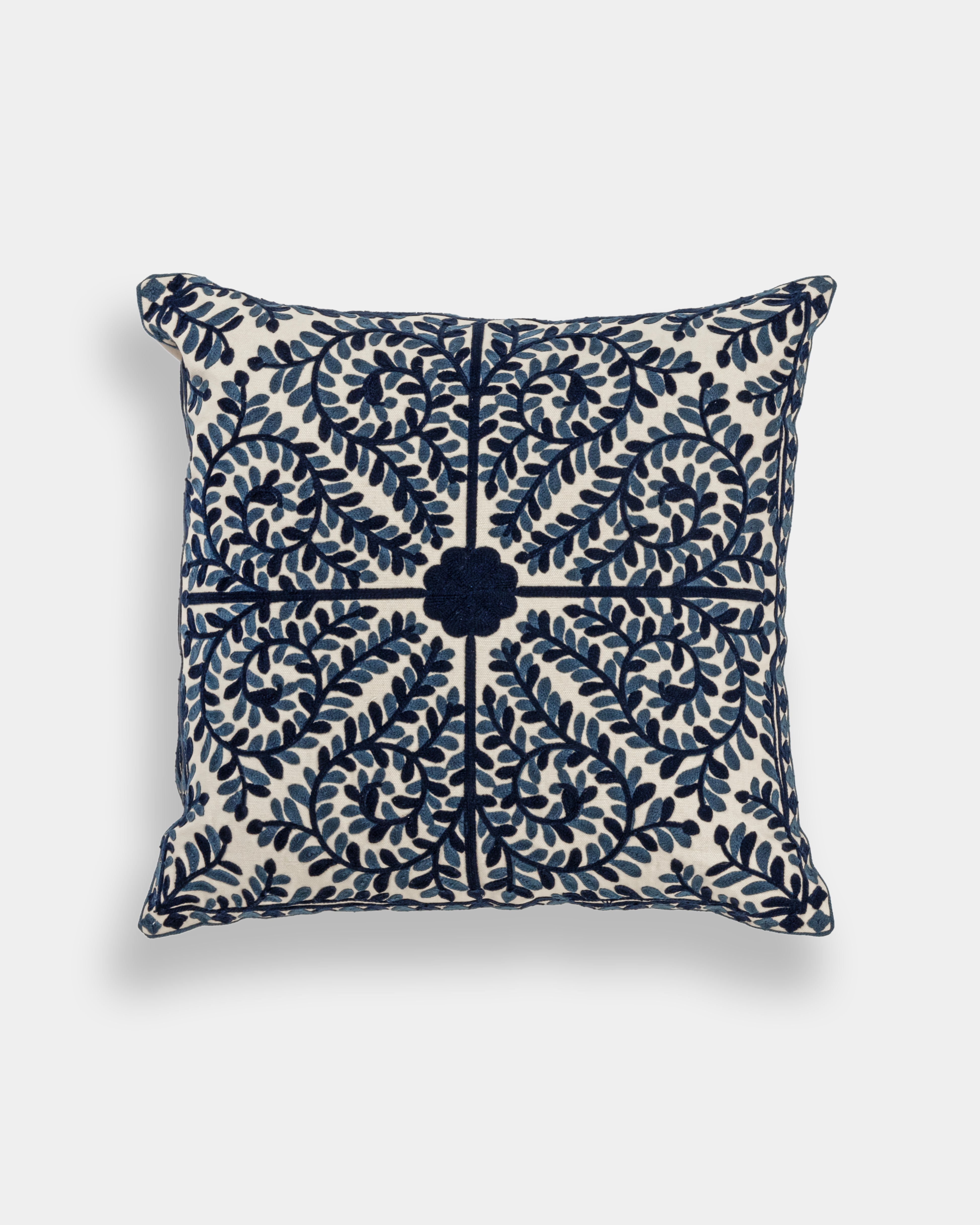 Suzani Pillow | Blue Pillow Cover Foliage 18x18" | Made in Jaipur
