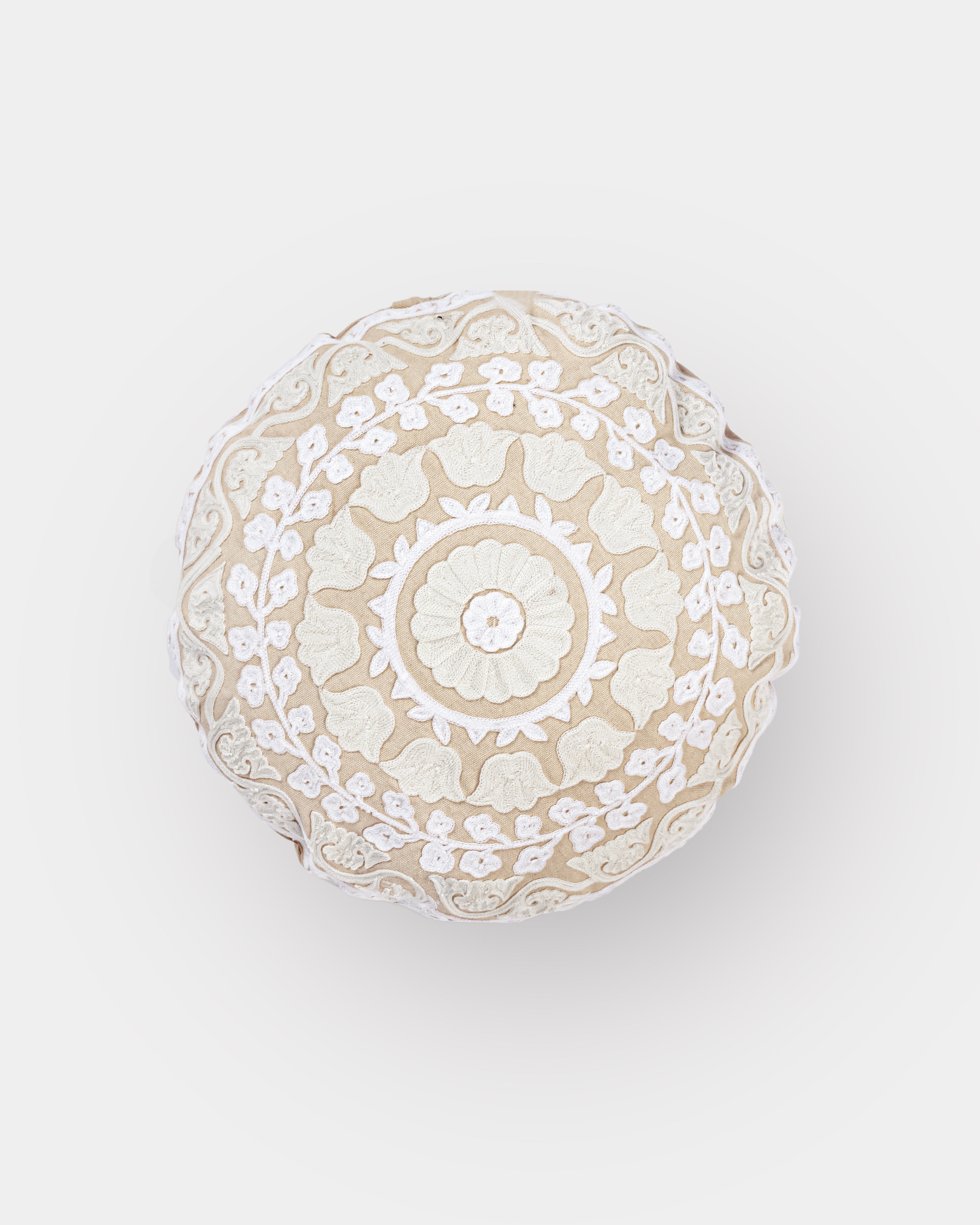 Suzani Pillow | White Pillow Cover Flora 16" Round | Made in Jaipur