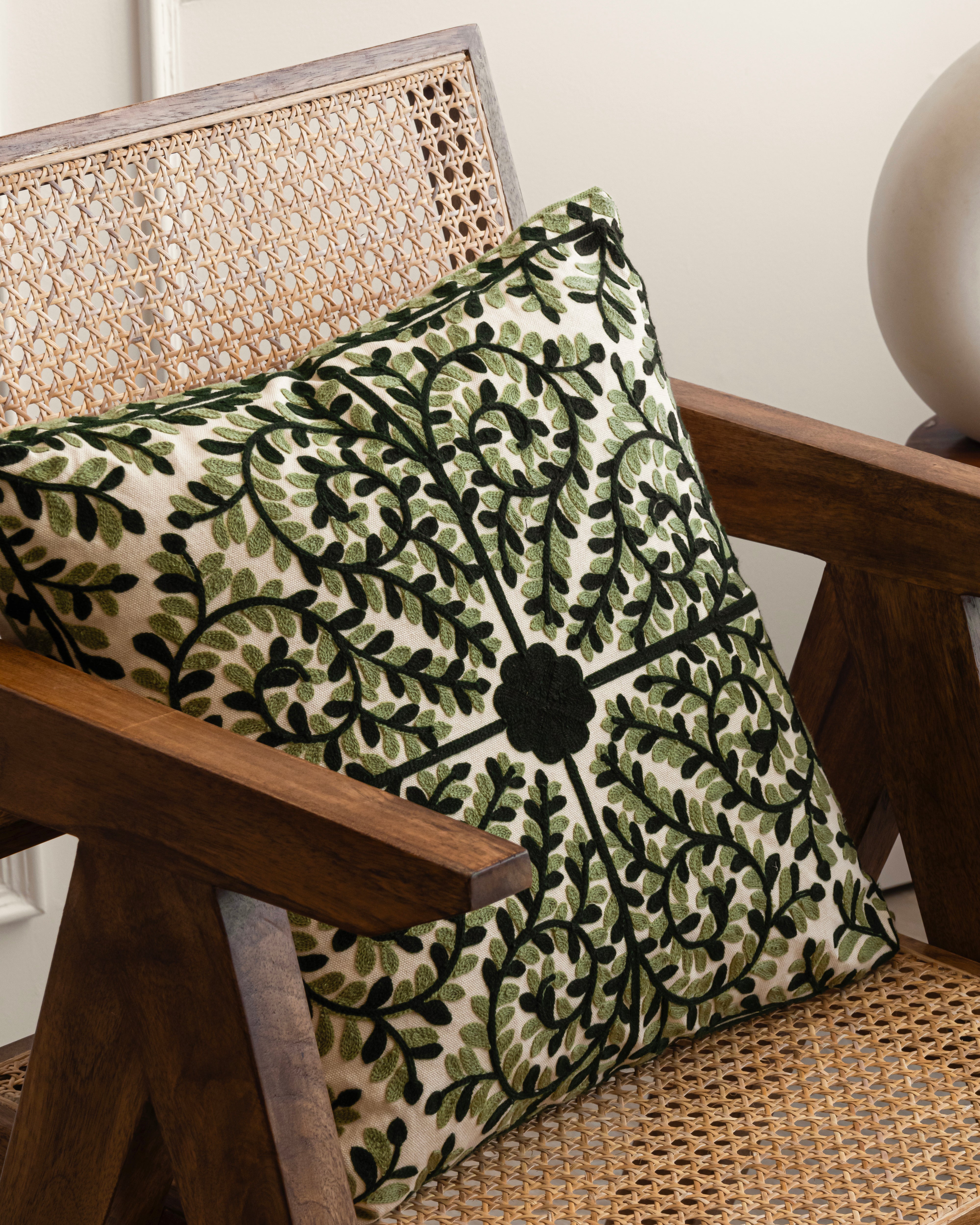 Suzani Pillow | Green Pillow Cover Foliage 18x18" | Made in Jaipur