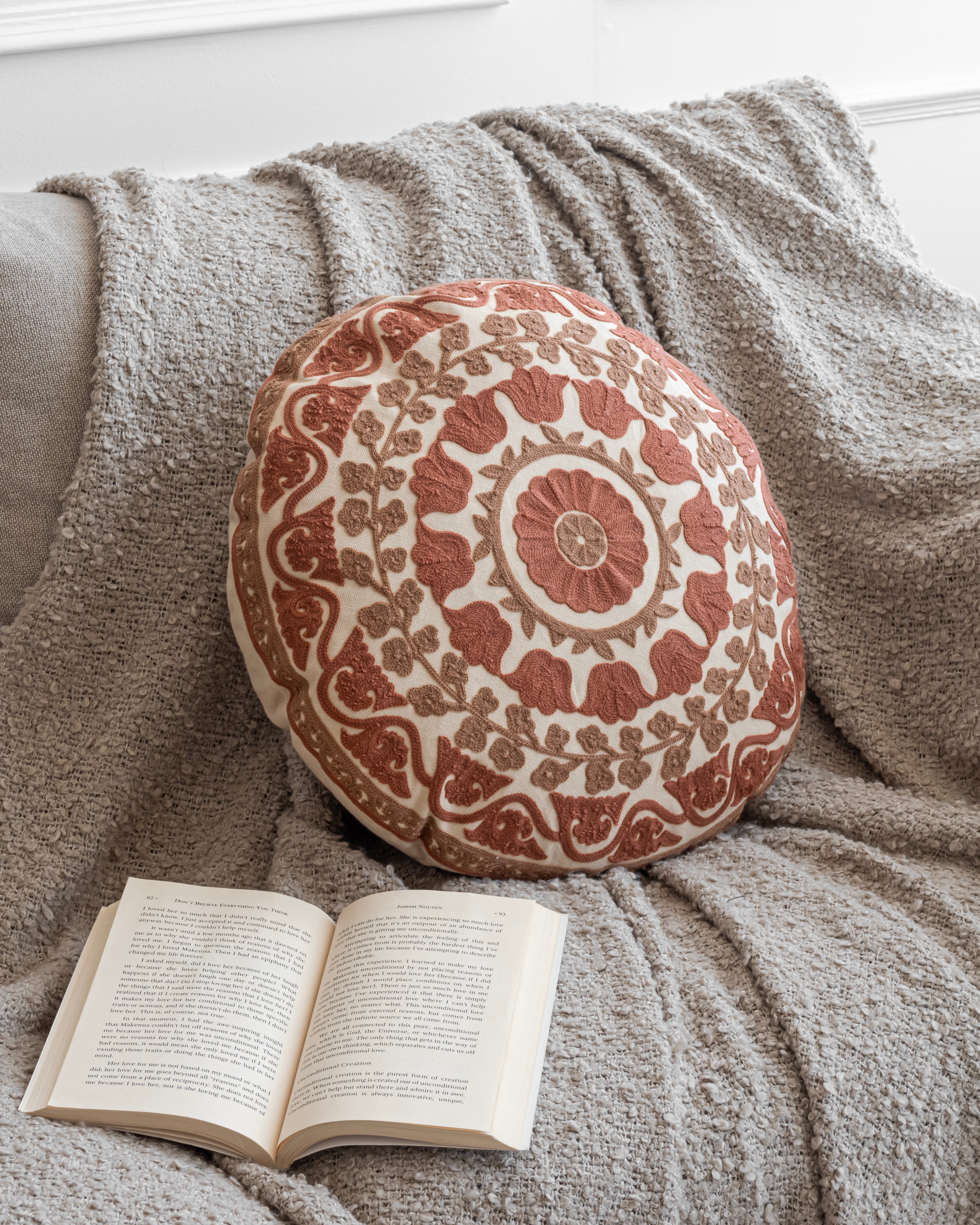 Suzani Pillow | Red Pillow Cover Flora 16" Round | Made in Jaipur