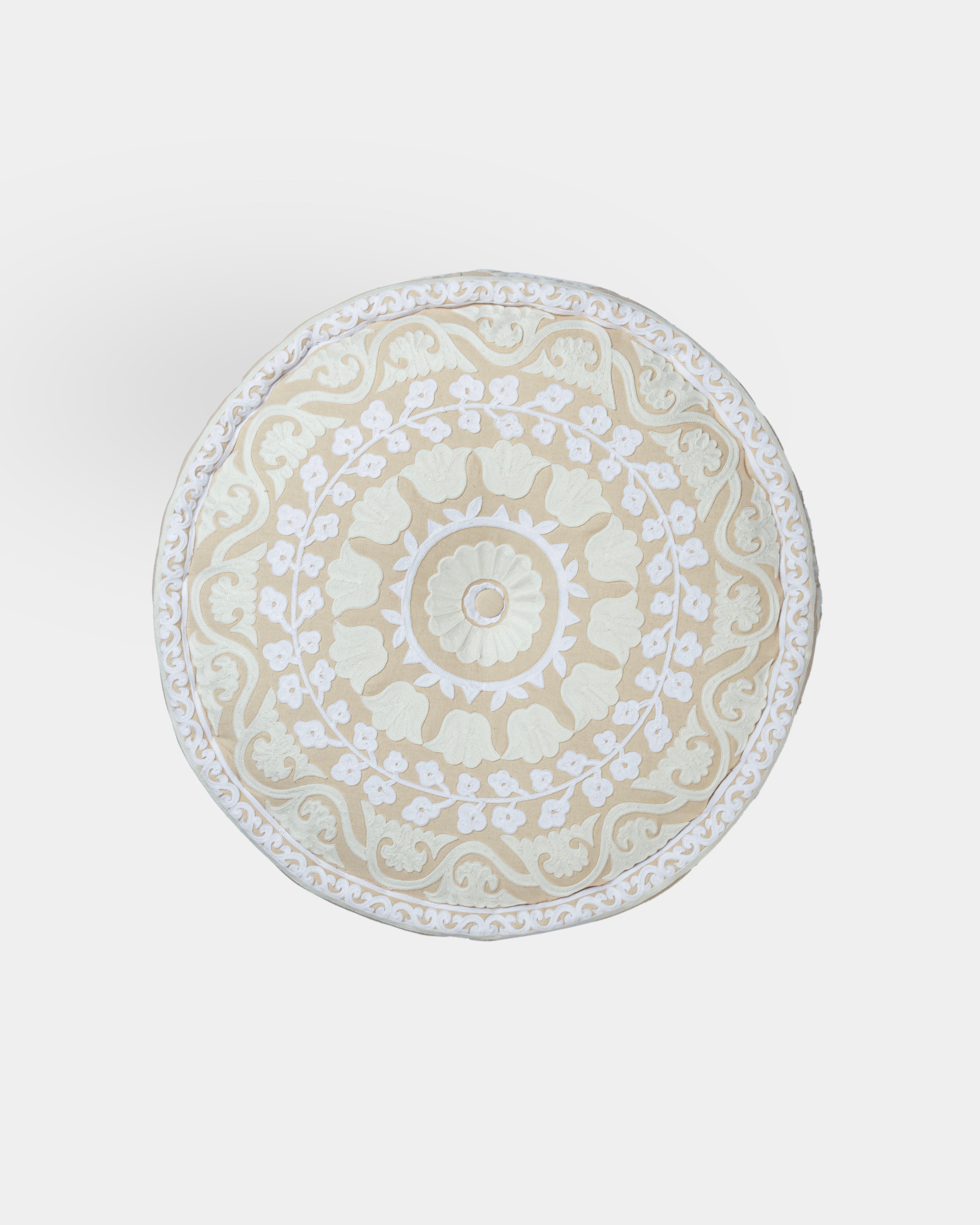 Suzani Ottoman | Meditation Pouf | Stackable Pouf | White | Handmade