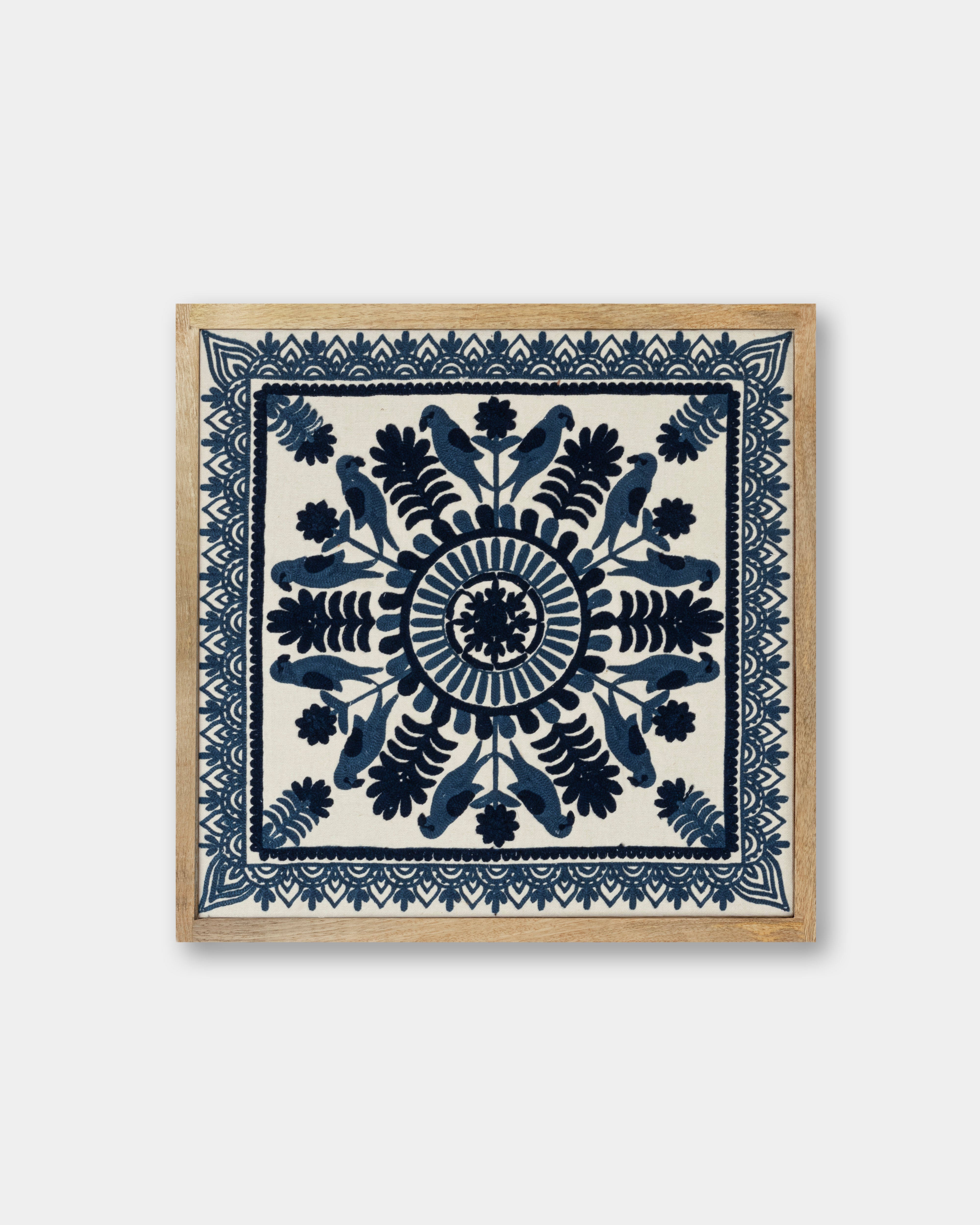 Suzani Textile | Blue Framed Textile Art 16x16"