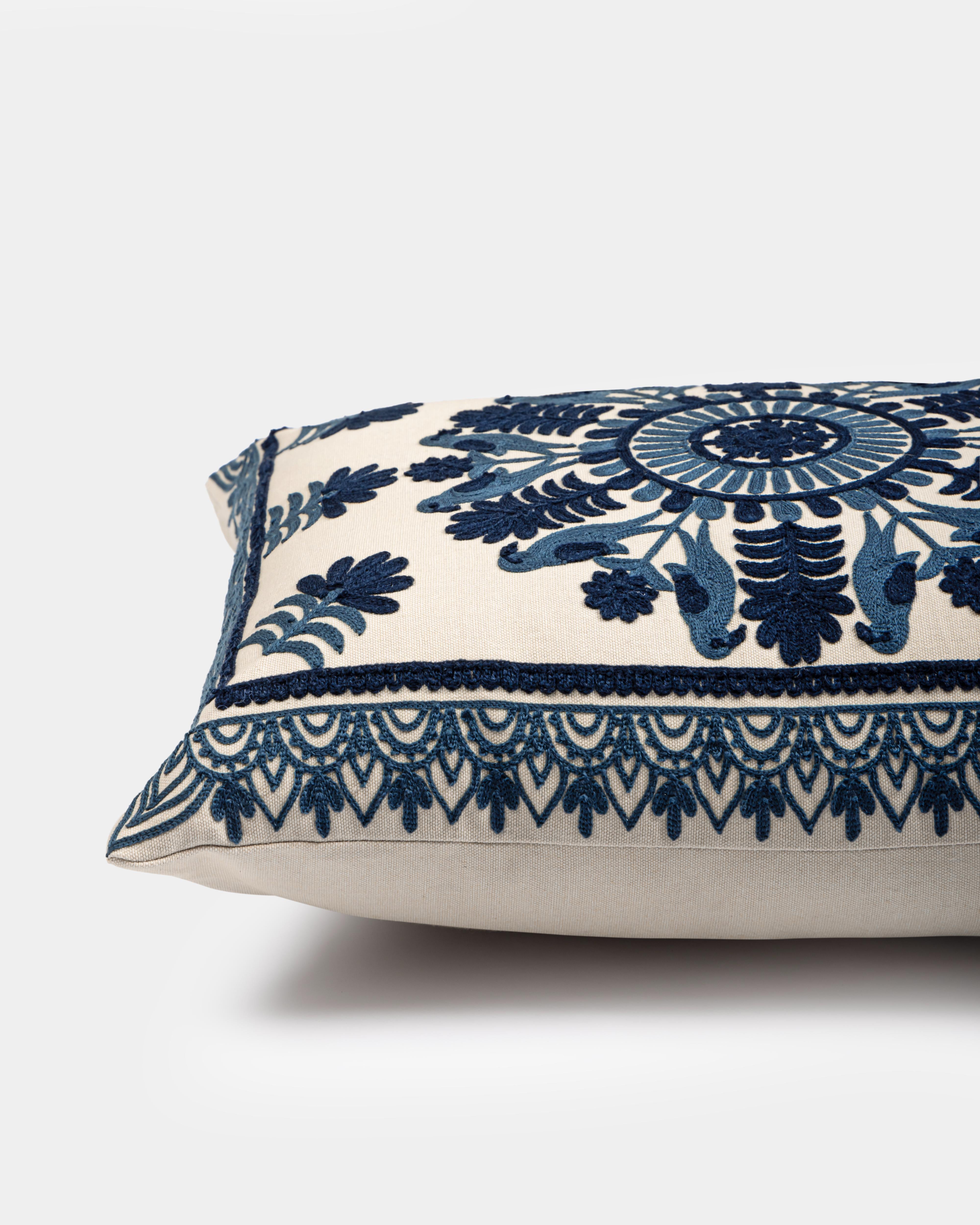 Suzani Pillow | Blue Pillow Cover Fauna 16x20" | Made in Jaipur