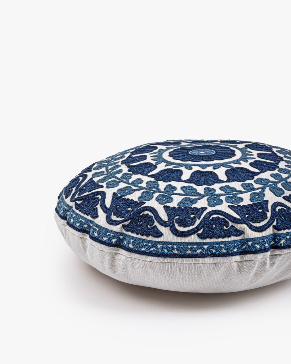 Suzani Pillow | Blue Pillow Cover Flora 16" Round | Made in Jaipur