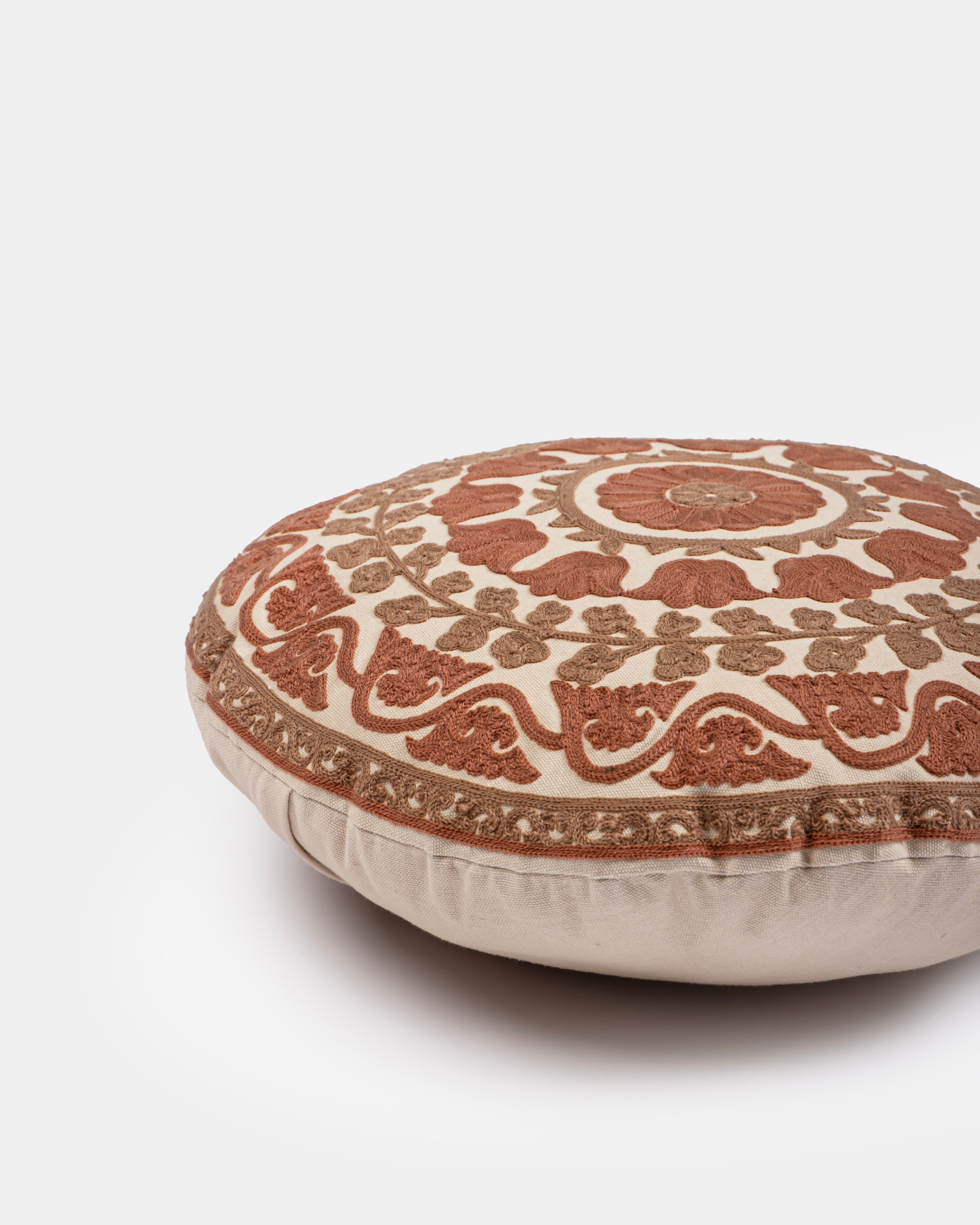 Suzani Pillow | Red Pillow Cover Flora 16" Round | Made in Jaipur