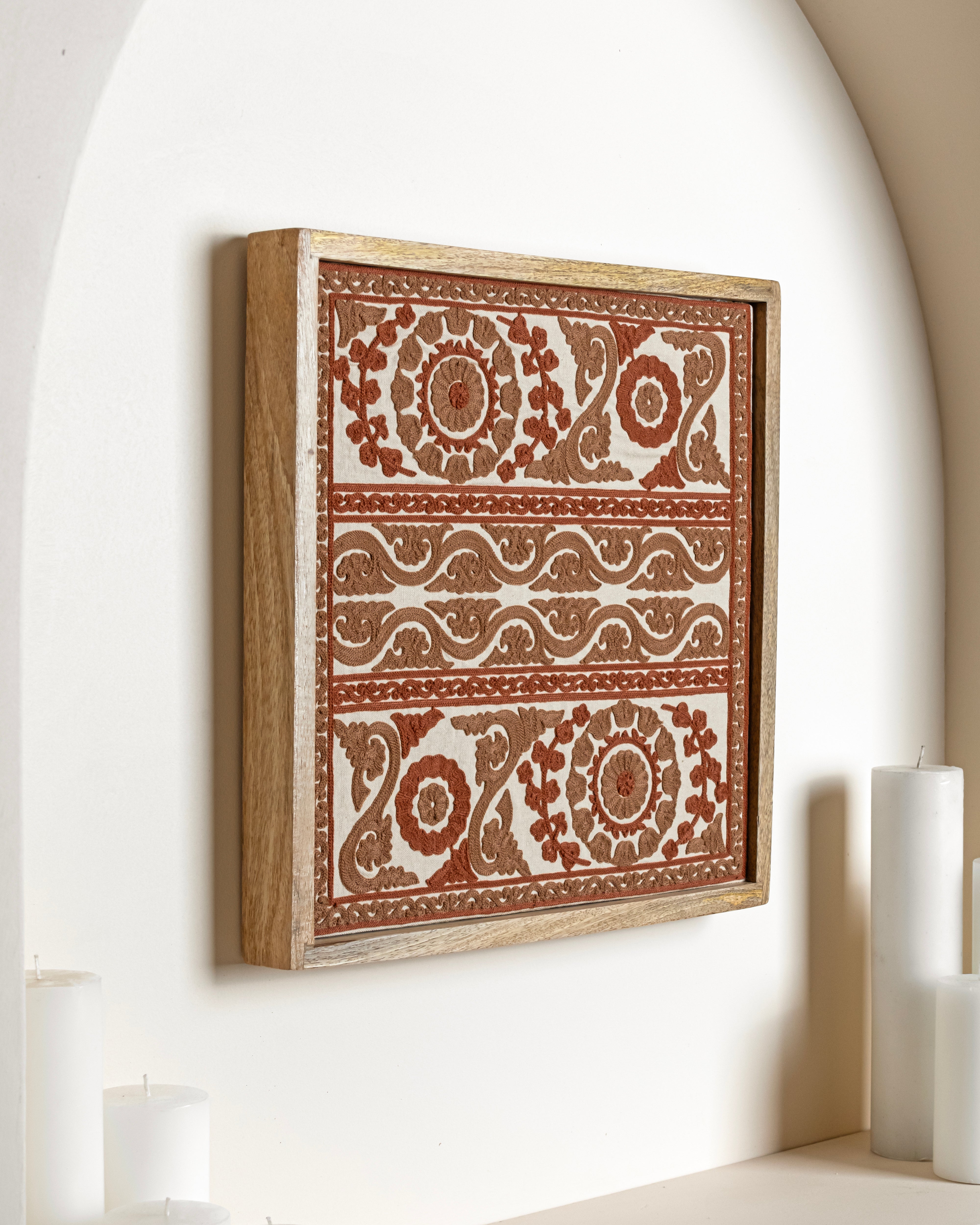 Suzani Textile | Red Framed Textile Art 16x16"