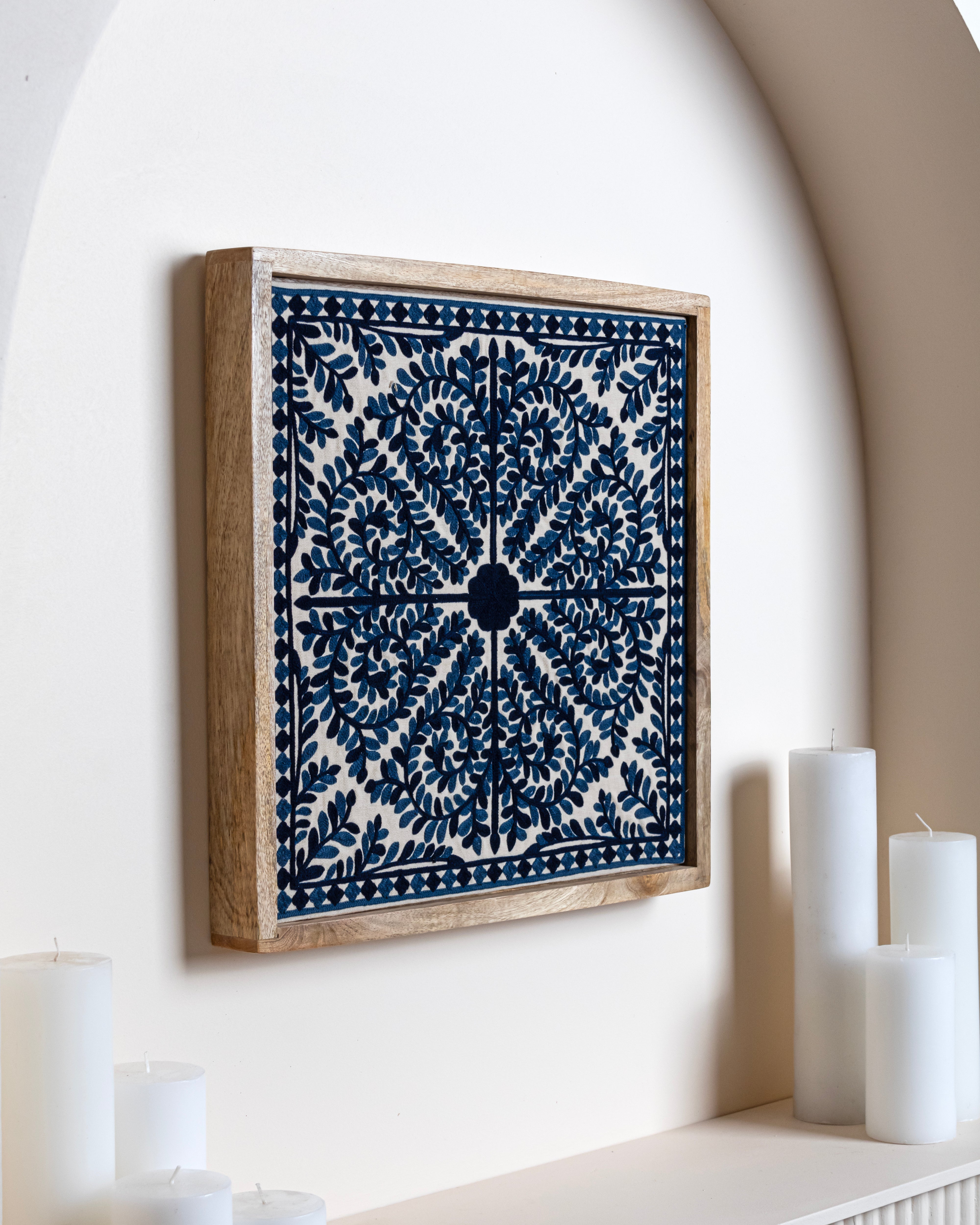 Suzani Textile | Blue Framed Textile Art 16x16"