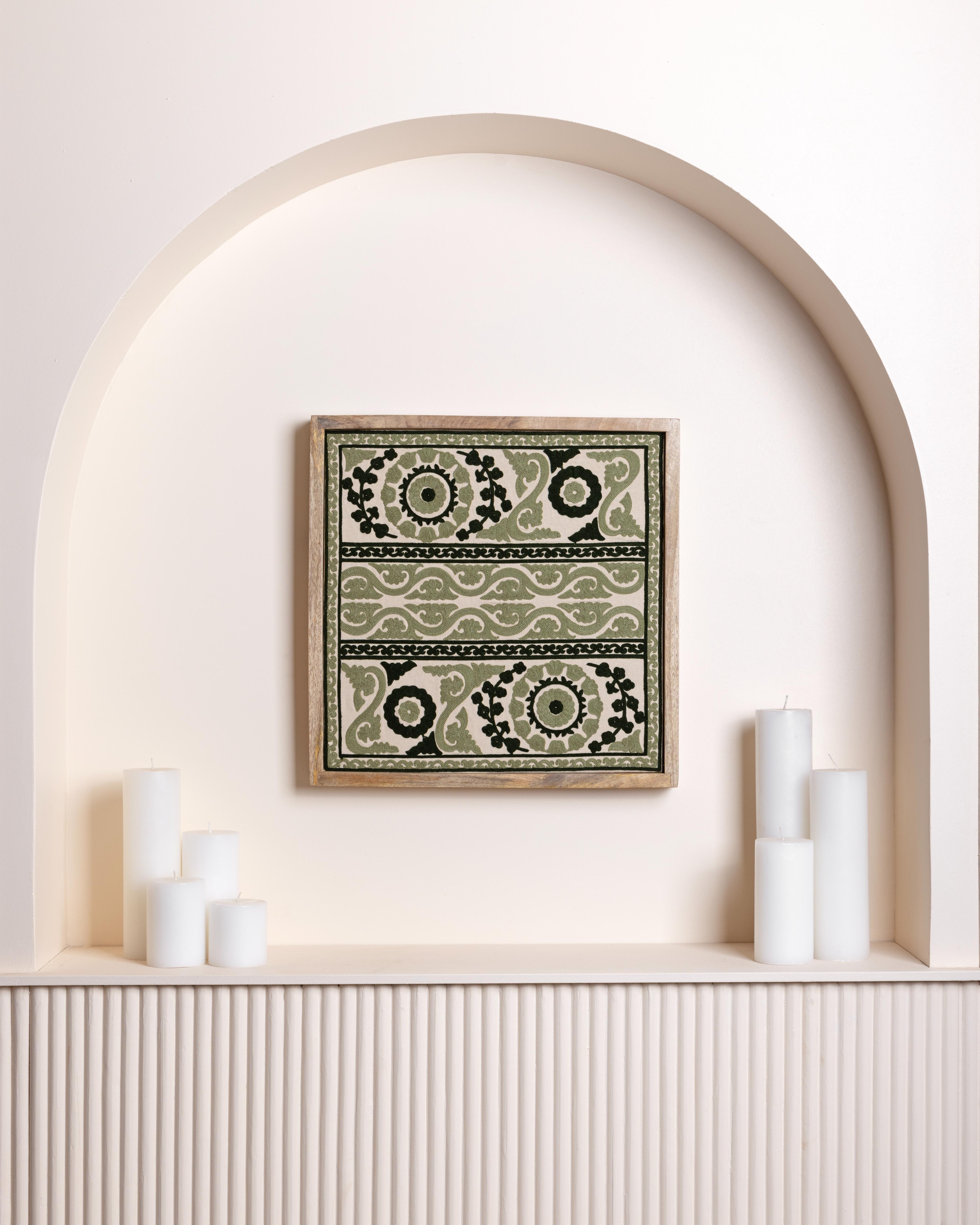 Suzani Textile | Green Framed Textile Art 16x16"