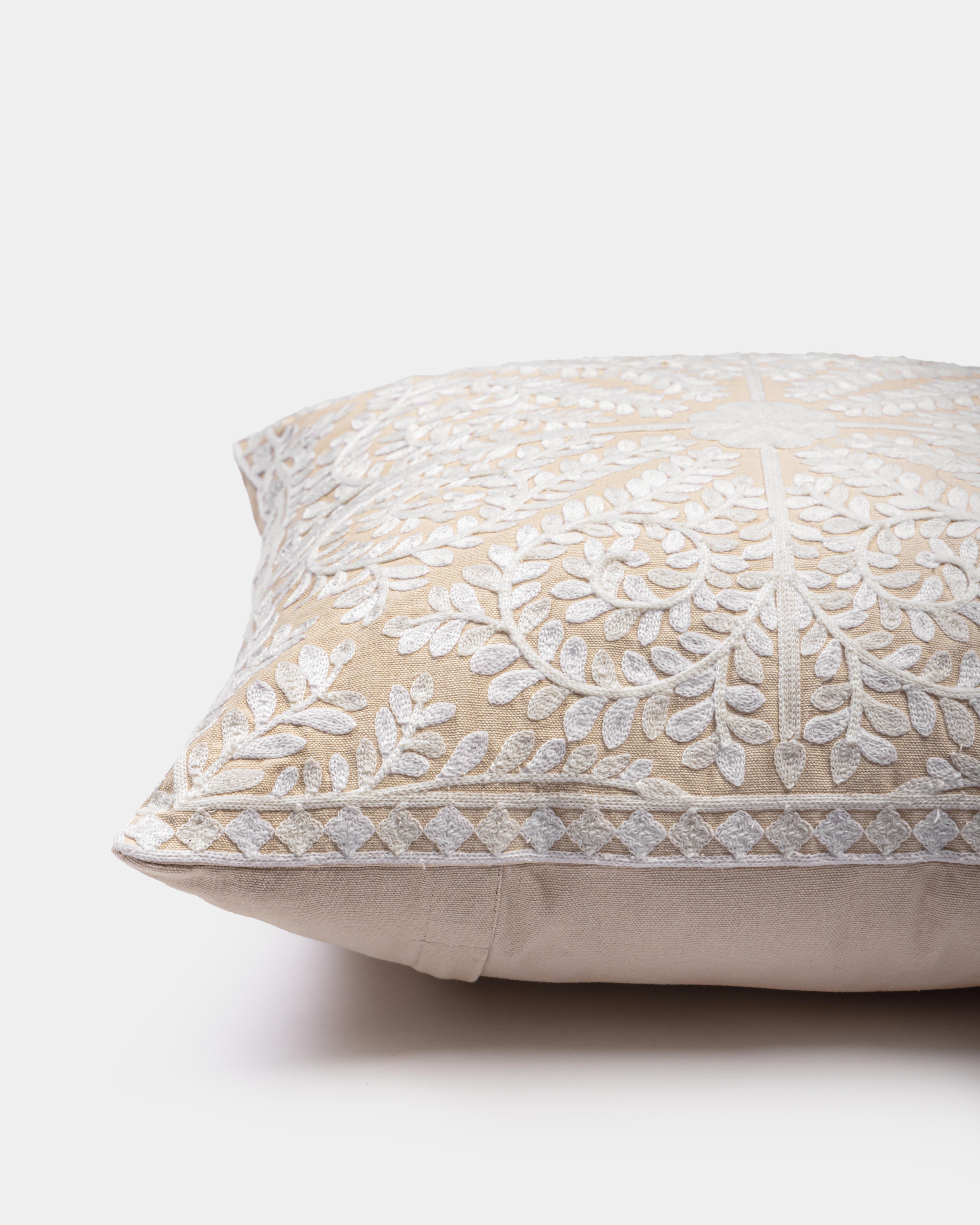 Suzani Pillow | Ivory Pillow Cover Foliage 18x18" | Made in Jaipur