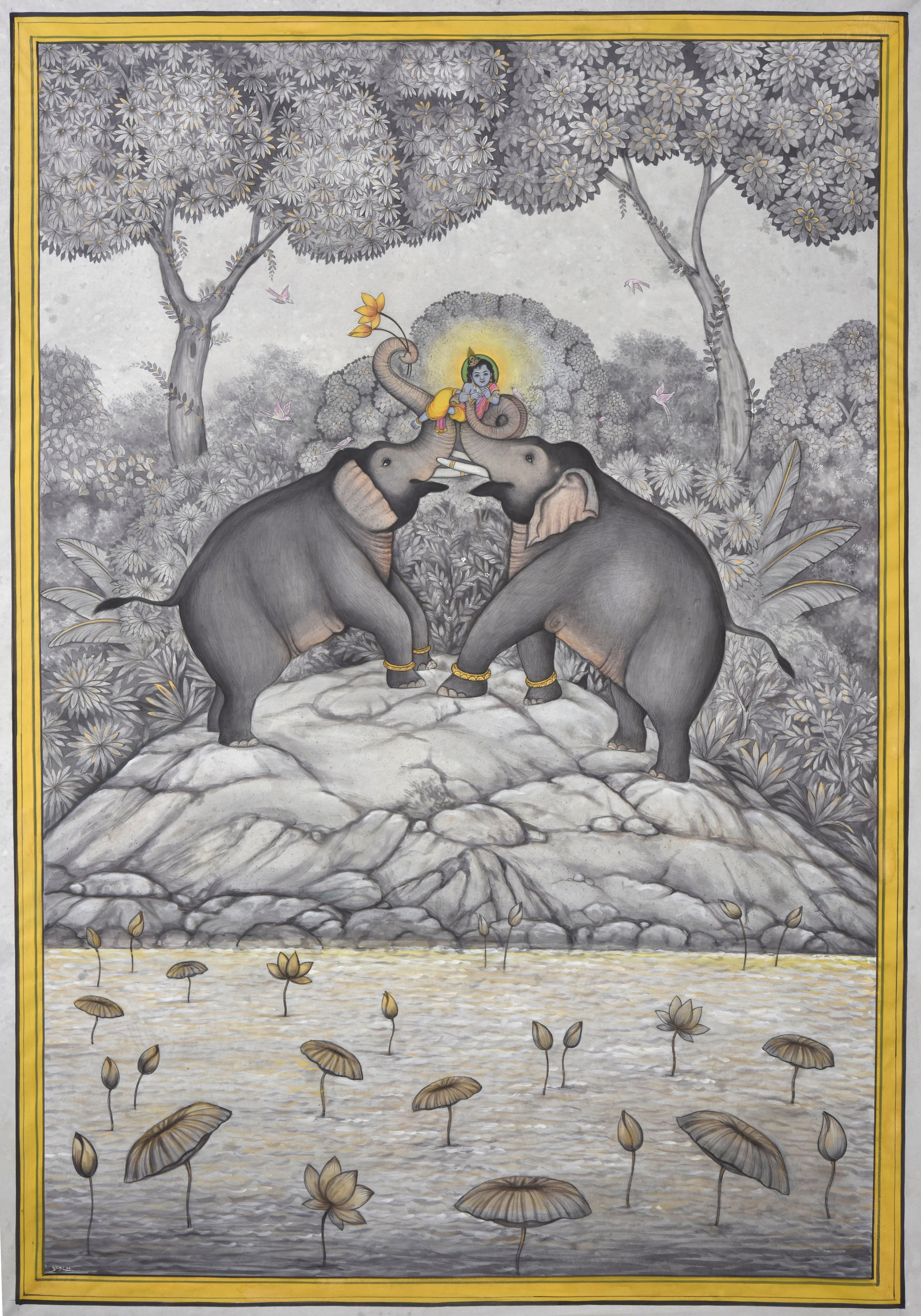 Pichwai Painting | Two Elephants Playing with Lord Krishna | Indian Art