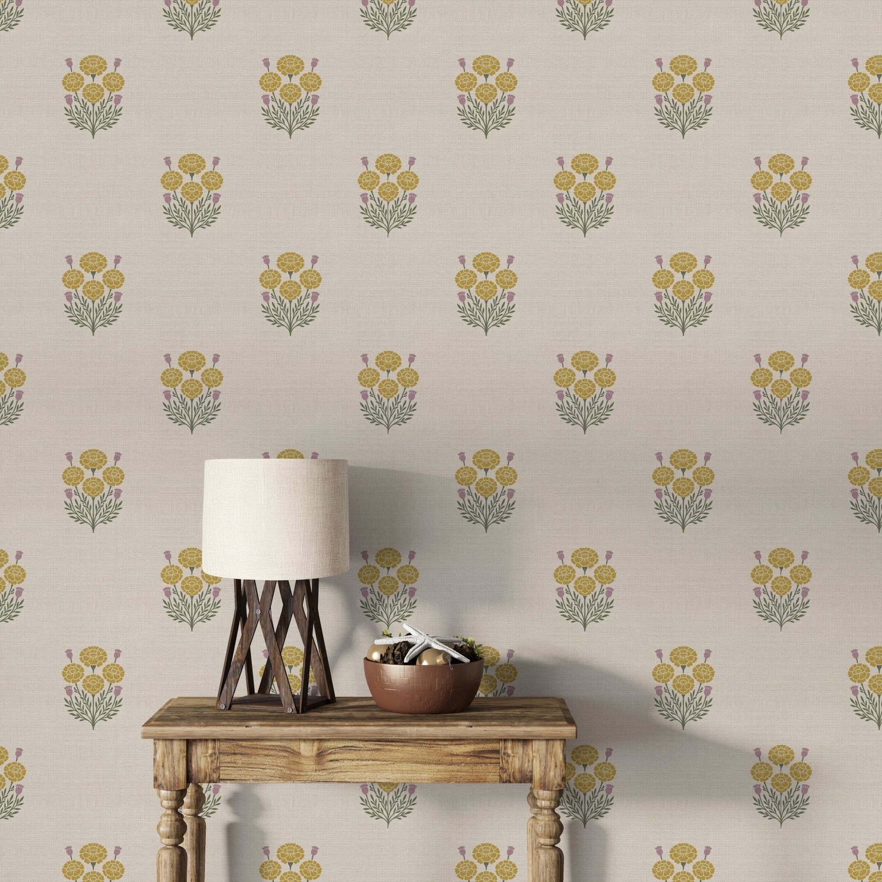 Bagru Block Print – Yellow on Beige - Marble Lotus - Bagru Block Print – Yellow on Beige