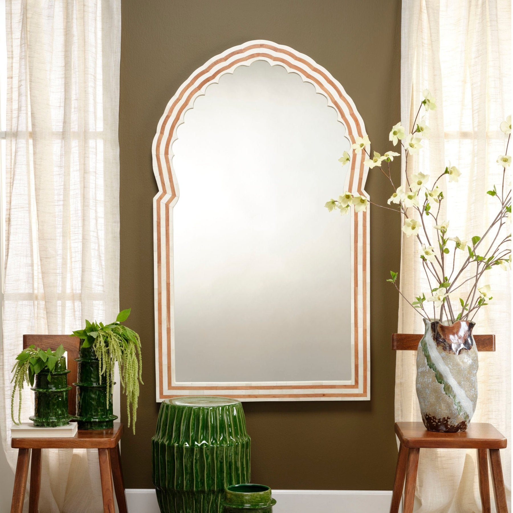 Bardot 60" Wood & Buffalo Bone Arch Wall Mirror - Marble Lotus - Bardot 60" Wood & Buffalo Bone Arch Wall Mirror