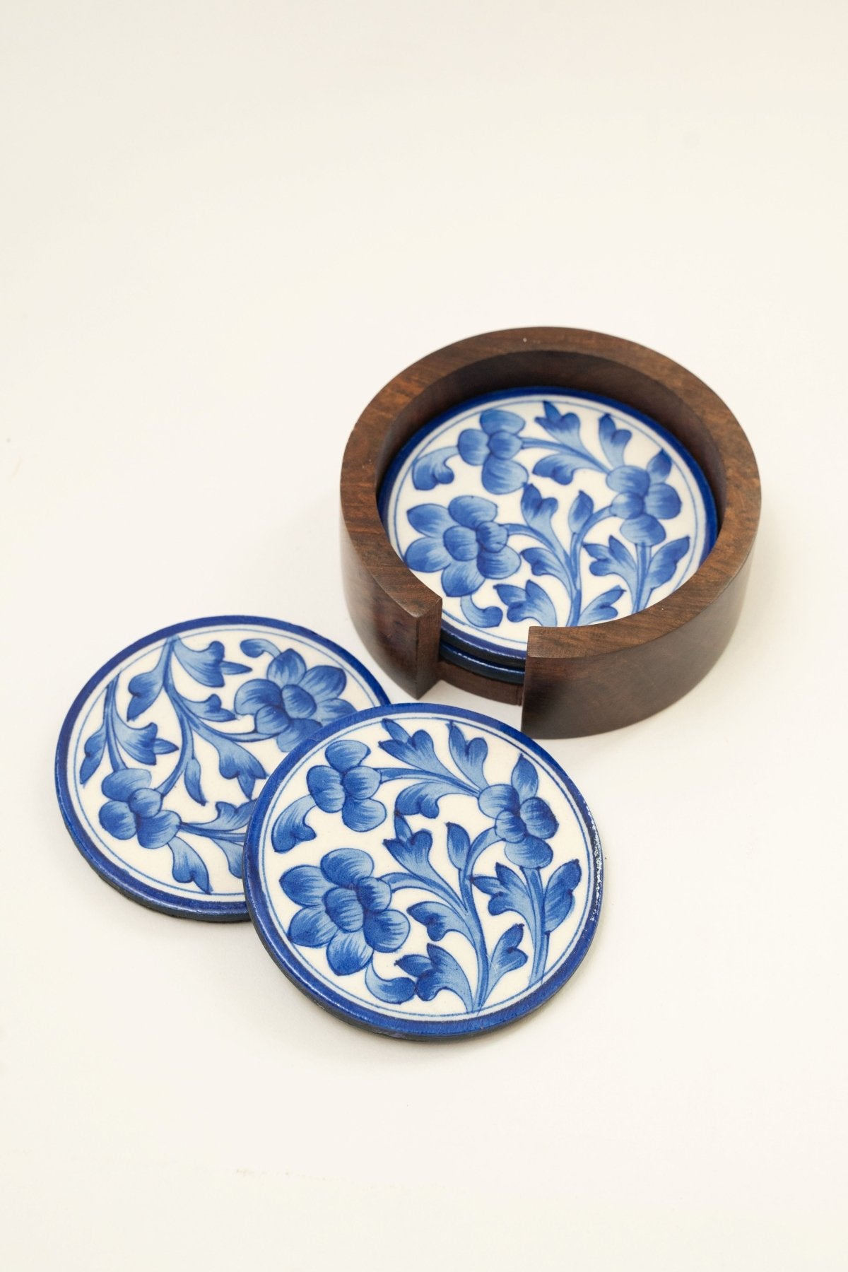 Blue Jaipur Pottery Coasters - Set of 4 in Wooden Case - Marble Lotus - Blue Jaipur Pottery Coasters - Set of 4 in Wooden Case - Marble Lotus
