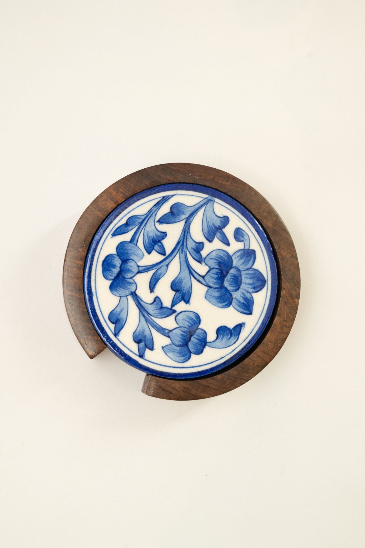 Blue Jaipur Pottery Coasters - Set of 4 in Wooden Case - Marble Lotus - Blue Jaipur Pottery Coasters - Set of 4 in Wooden Case - Marble Lotus