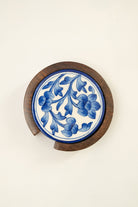 Blue Jaipur Pottery Coasters - Set of 4 in Wooden Case - Marble Lotus - Blue Jaipur Pottery Coasters - Set of 4 in Wooden Case - Marble Lotus