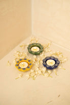 Blue Jaipur Pottery Diya (Set of 2) - Marble Lotus - Blue Jaipur Pottery Diya (Set of 2) - Marble Lotus