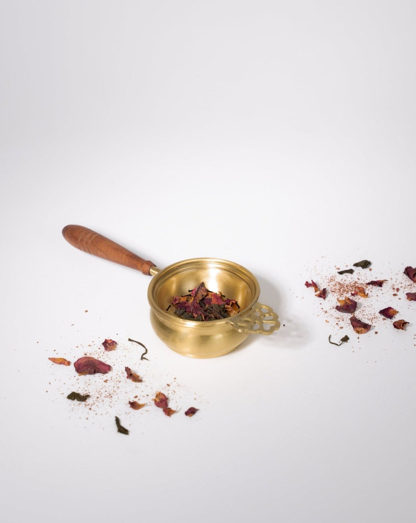 Chai Strainer with Wood Handle - Marble Lotus - Chai Strainer with Wood Handle - Marble Lotus - Brass Chai Strainer with Wood Handle