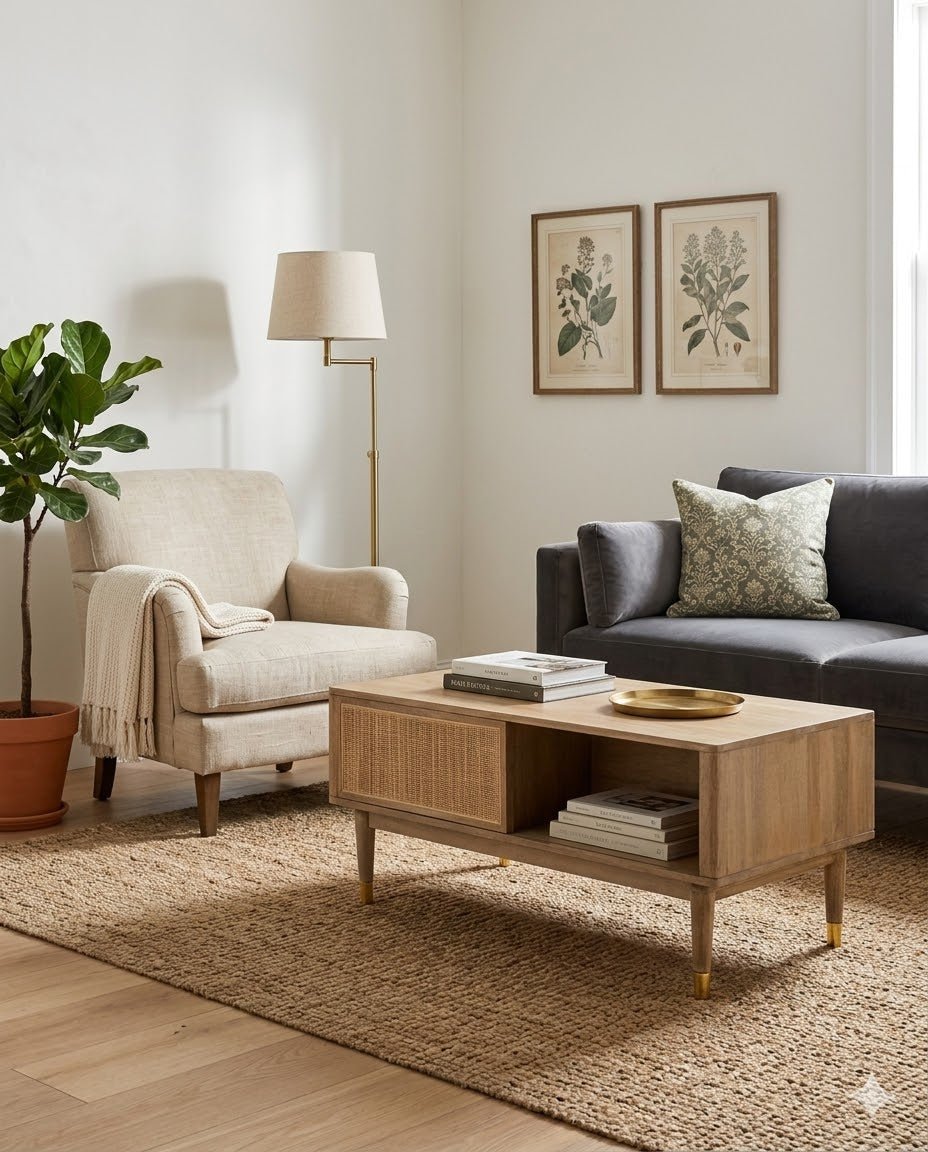 Dalma Rustic Rattan Coffee Table - Marble Lotus - Dalma Rustic Rattan Coffee Table