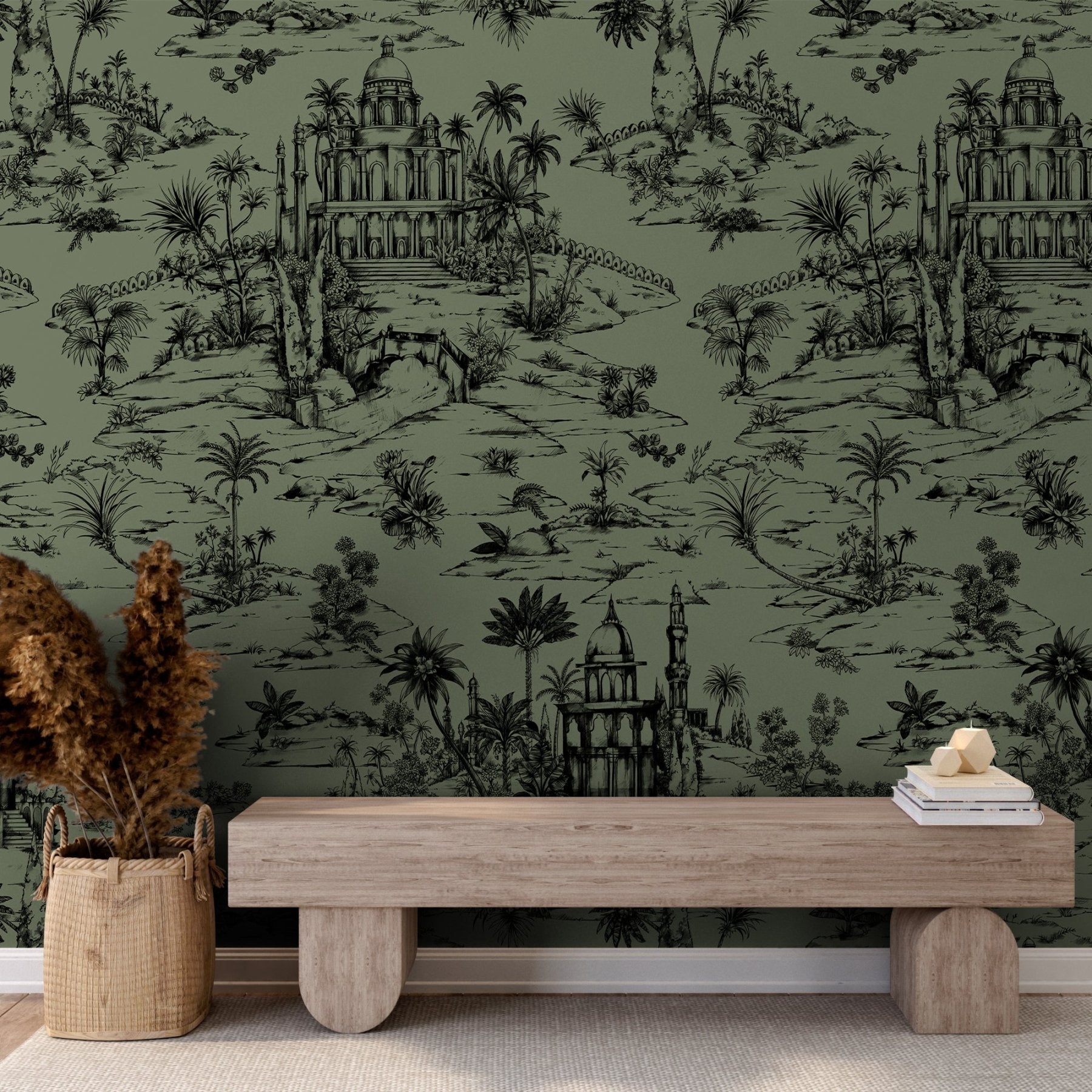 Delhi on Toile - Black on Sage Green - Marble Lotus - Delhi on Toile - Black on Sage Green
