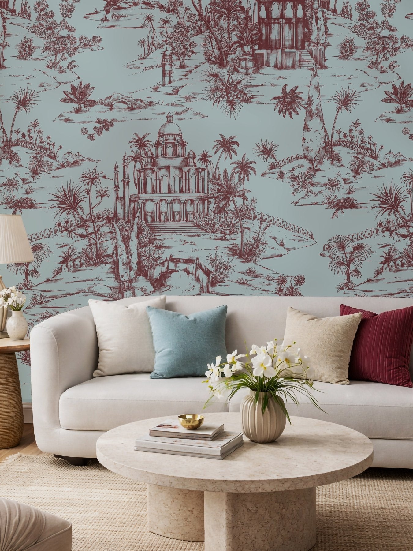 Delhi on Toile - Maroon on Powder Blue - Marble Lotus - Delhi on Toile - Maroon on Powder Blue