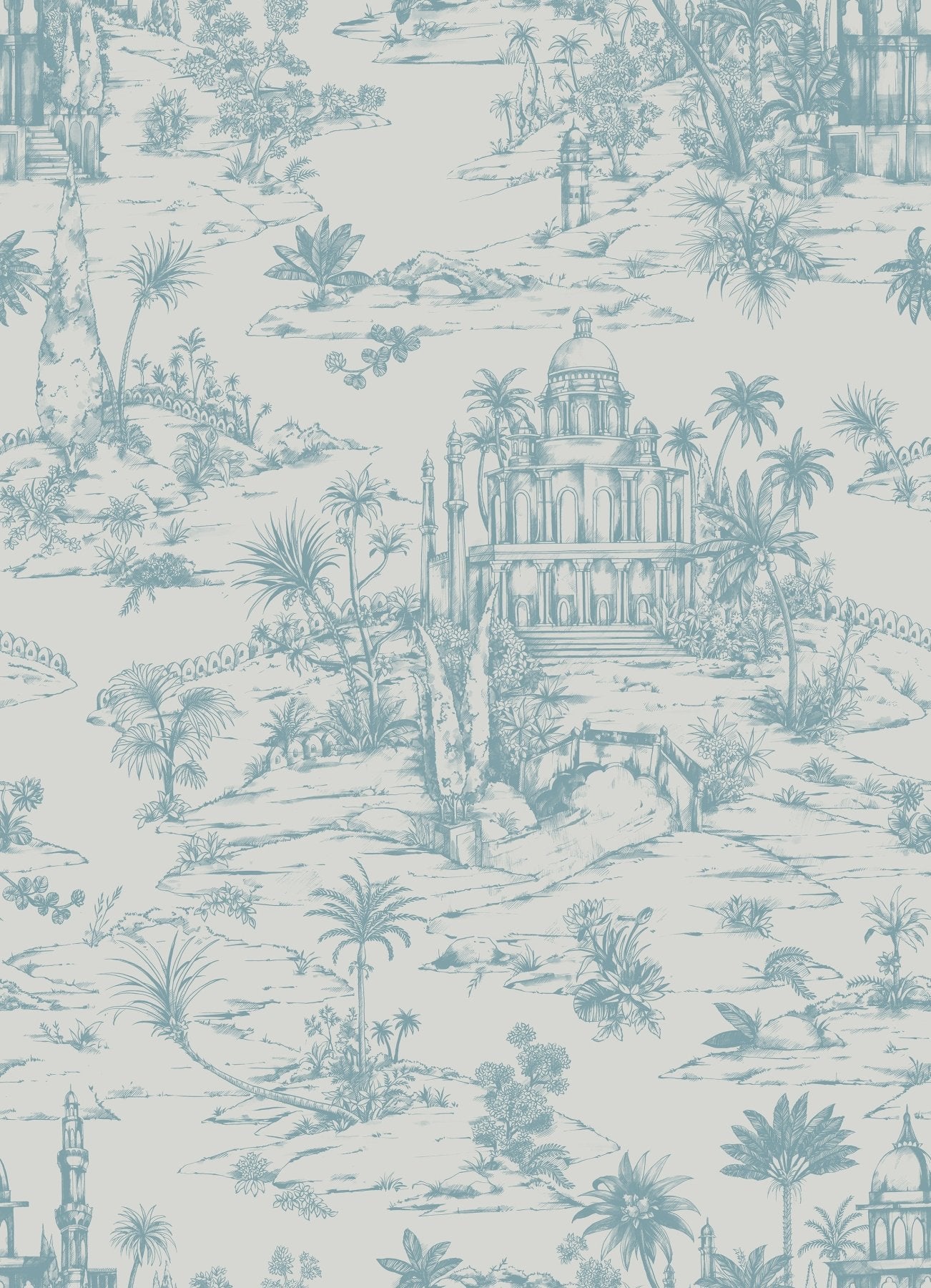 Delhi on Toile - Powder Blue on Beige - Marble Lotus - Delhi on Toile - Powder Blue on Beige