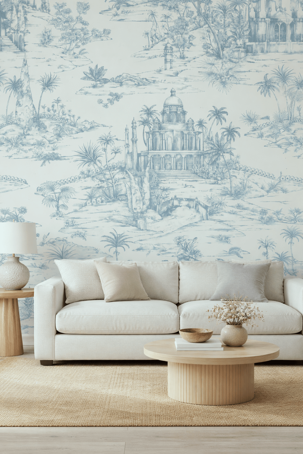 Delhi on Toile - Powder Blue on Beige - Marble Lotus - Delhi on Toile - Powder Blue on Beige