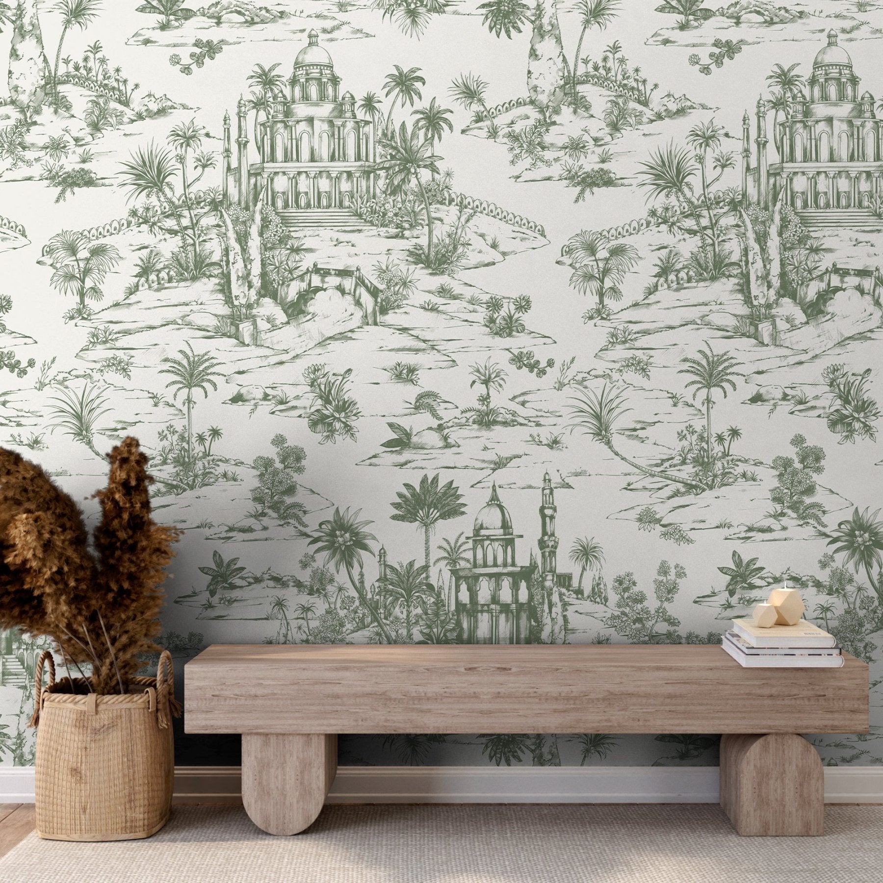 Delhi on Toile - Sage Green on White - Marble Lotus - Delhi on Toile - Sage Green on White