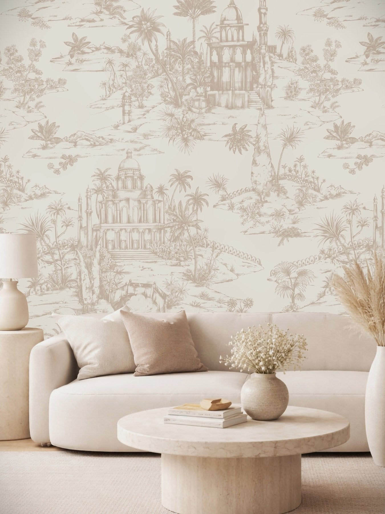 Delhi on Toile Wallpaper Beige - Marble Lotus - Delhi on Toile Wallpaper Beige