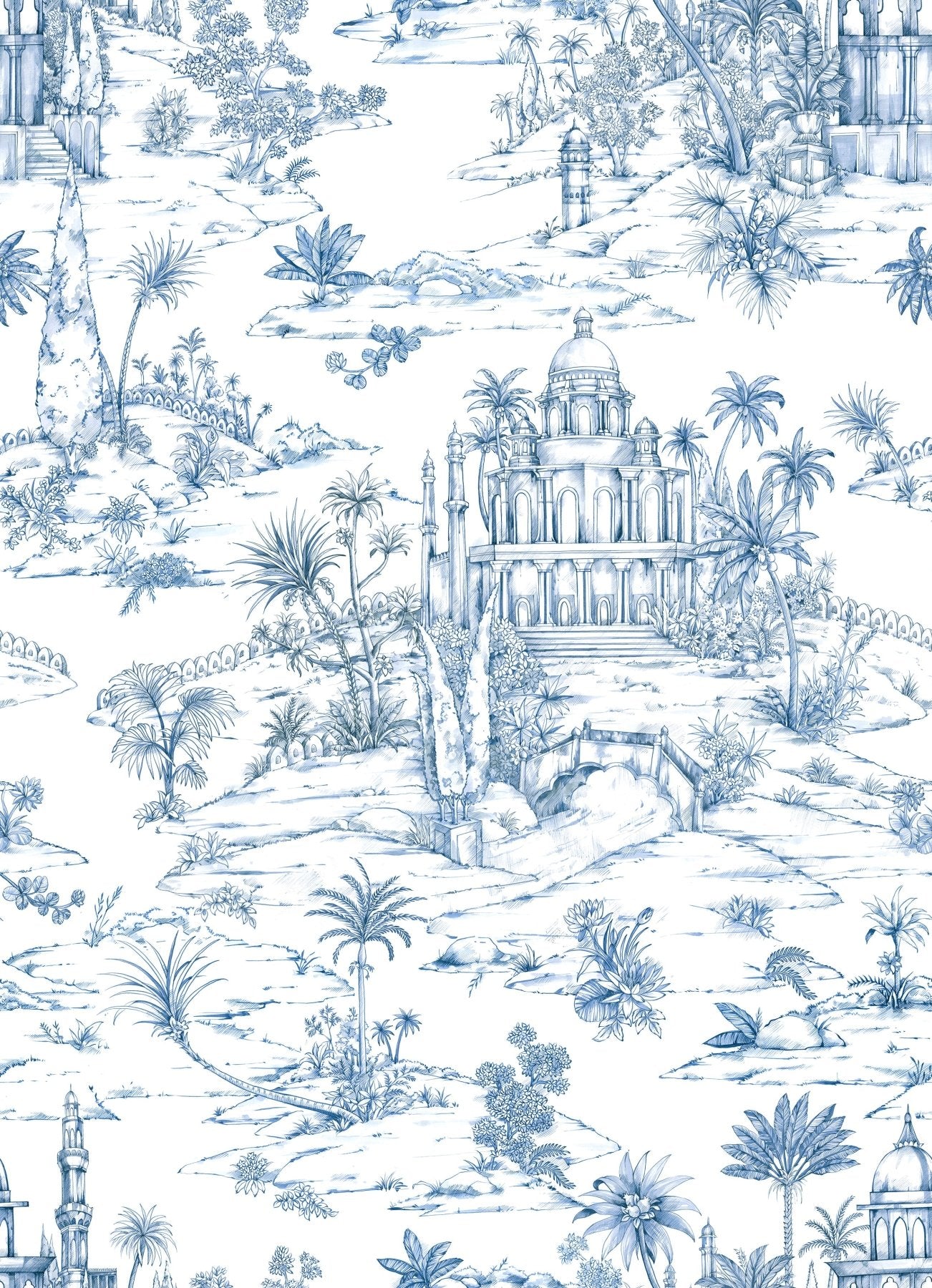 Delhi on Toile Wallpaper Blue - Marble Lotus - Delhi on Toile Wallpaper Blue