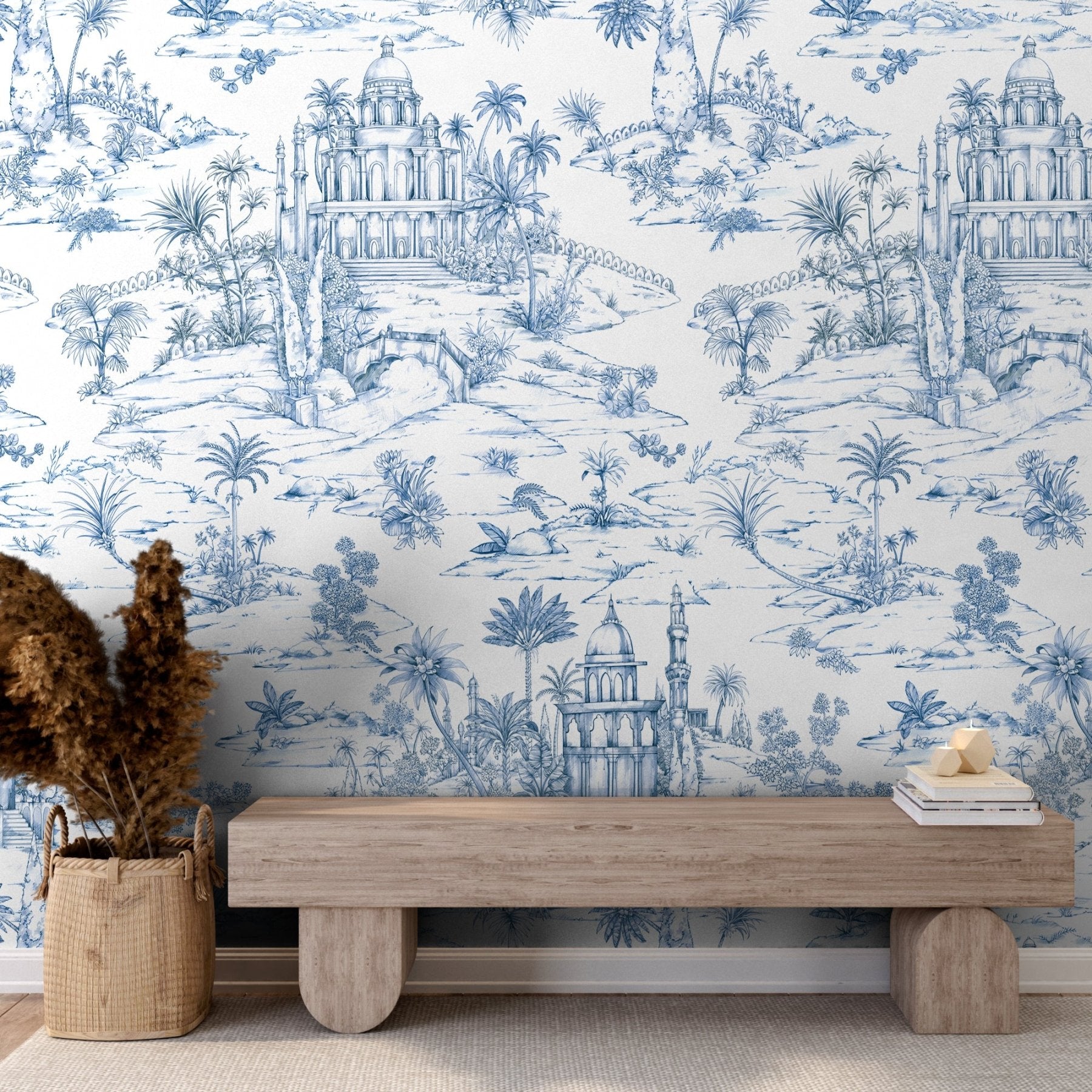 Delhi on Toile Wallpaper Blue - Marble Lotus - Delhi on Toile Wallpaper Blue