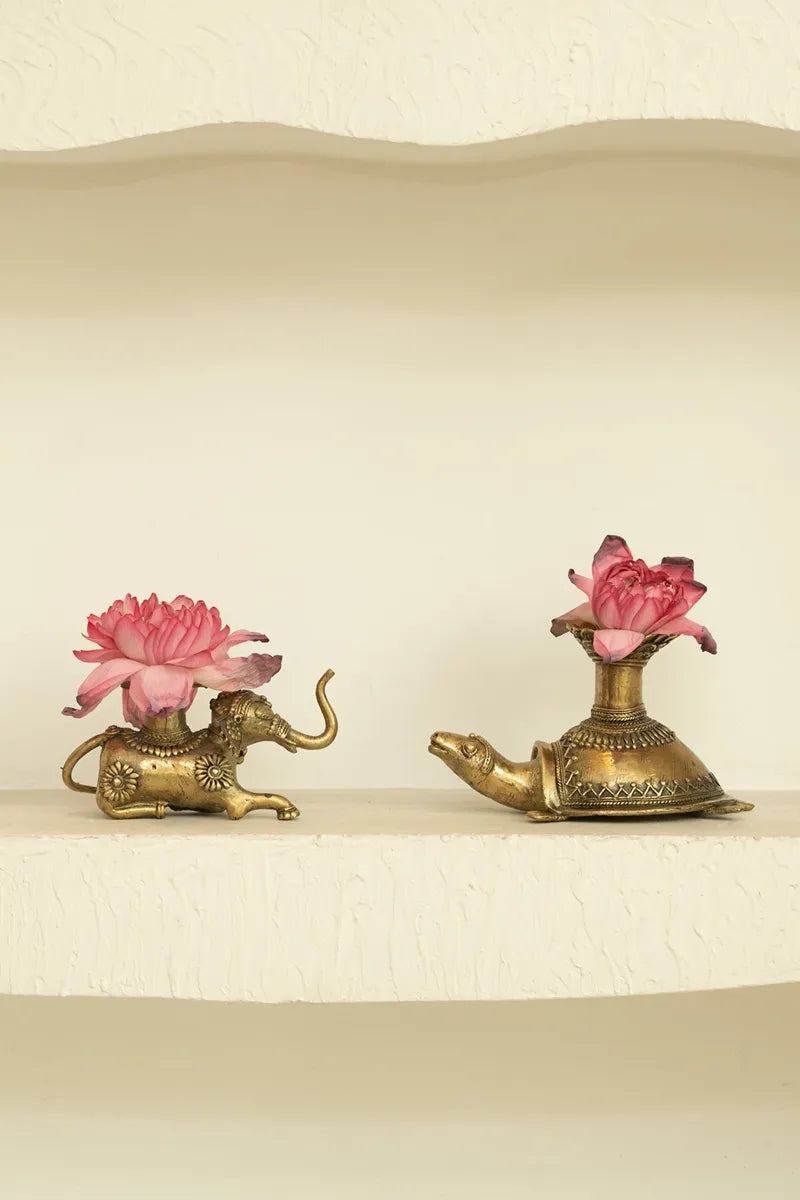 Dhokra Brass Turtle Flower Vase - Marble Lotus - Dhokra Brass Turtle Flower Vase