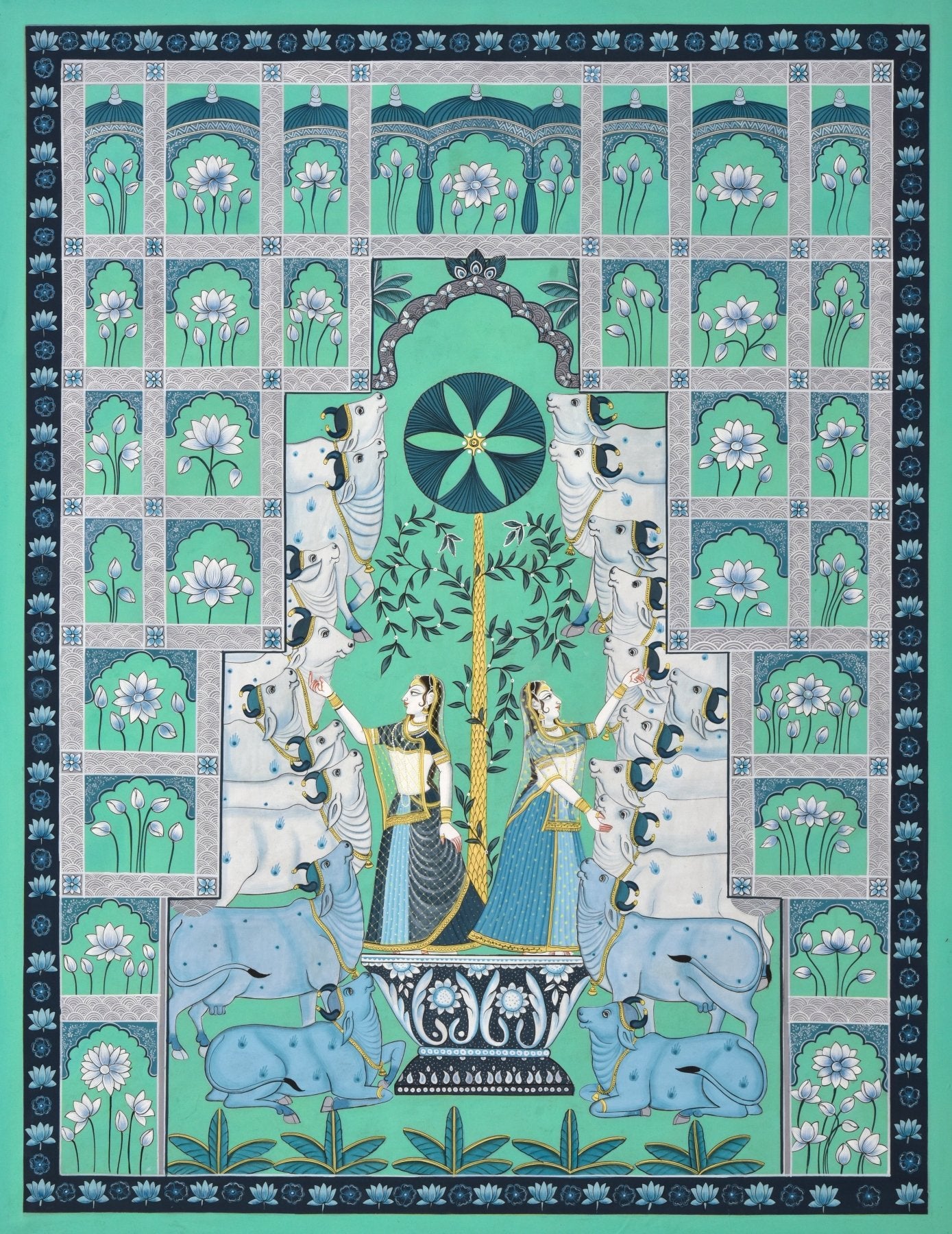 Emerald Courtyard - Marble Lotus - Emerald Courtyard - Marble Lotus - Teal Pichwai Painting with Lord Krishna and Elephants | Emerald Courtyard | Indian Art
