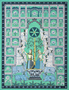 Emerald Courtyard - Marble Lotus - Emerald Courtyard - Marble Lotus - Teal Pichwai Painting with Lord Krishna and Elephants | Emerald Courtyard | Indian Art