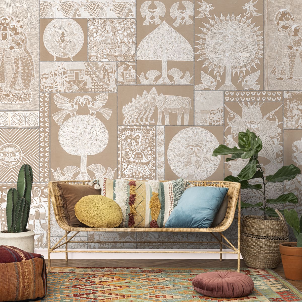 Geet Madhubani Wallpaper in Clay Beige Color | Life n Colors – Marble Lotus