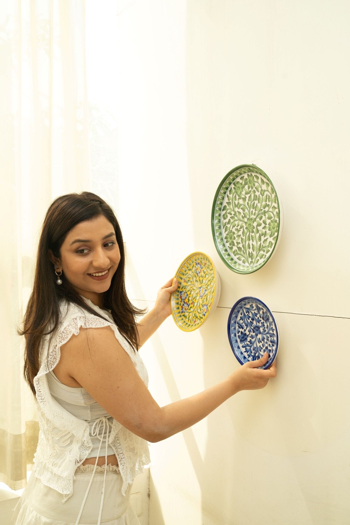 Green Floral Jaipur Pottery Wall Plate 12" - Marble Lotus - Green Floral Jaipur Pottery Wall Plate 12" - Marble Lotus