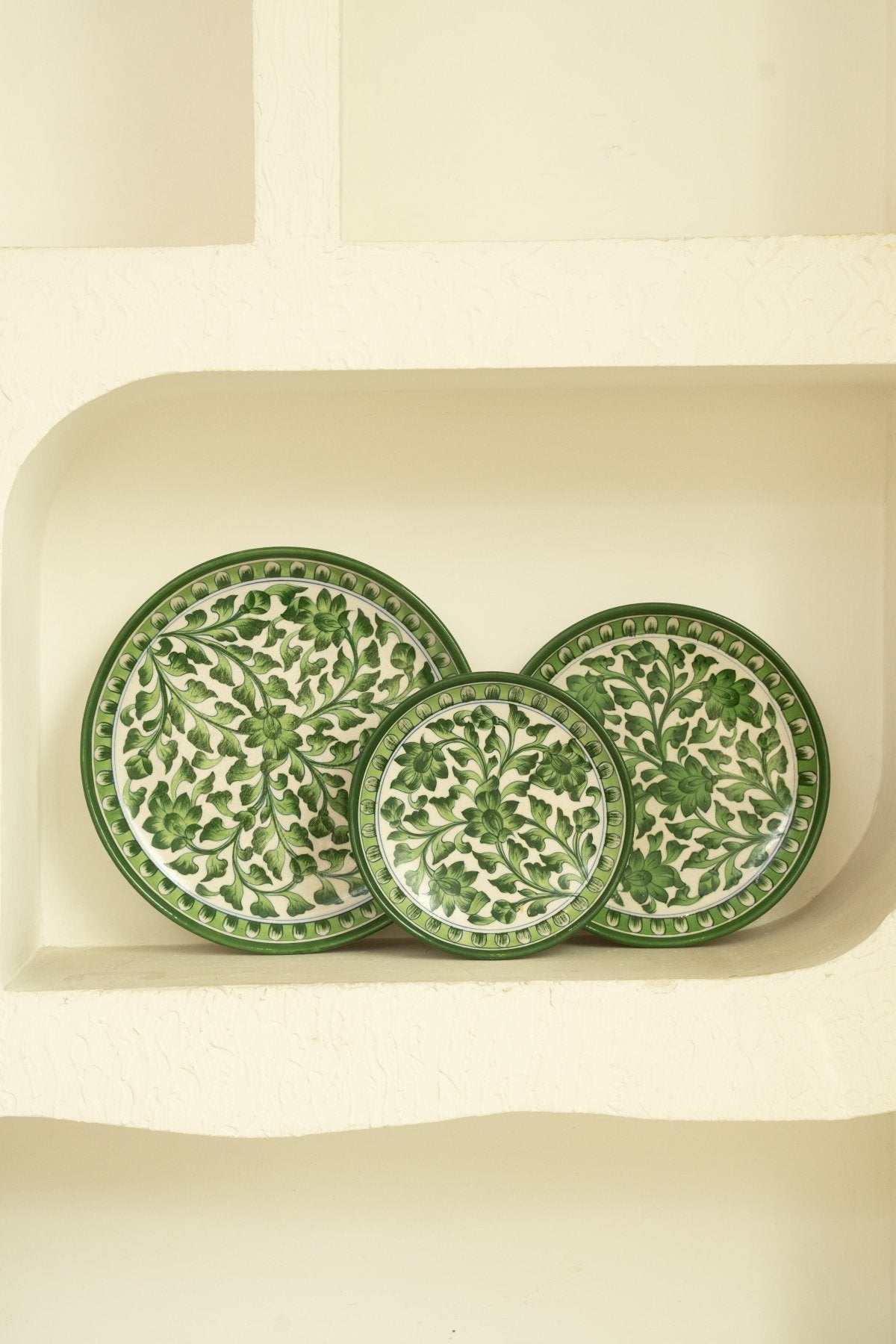 Green Floral Jaipur Pottery Wall Plate 12" - Marble Lotus - Green Floral Jaipur Pottery Wall Plate 12" - Marble Lotus