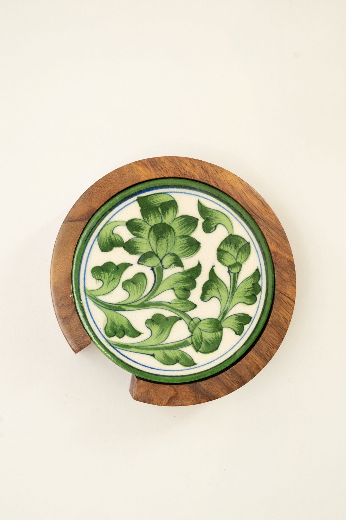 Green Jaipur Pottery Coasters - Set of 4 in Wooden Case - Marble Lotus - Green Jaipur Pottery Coasters - Set of 4 in Wooden Case - Marble Lotus