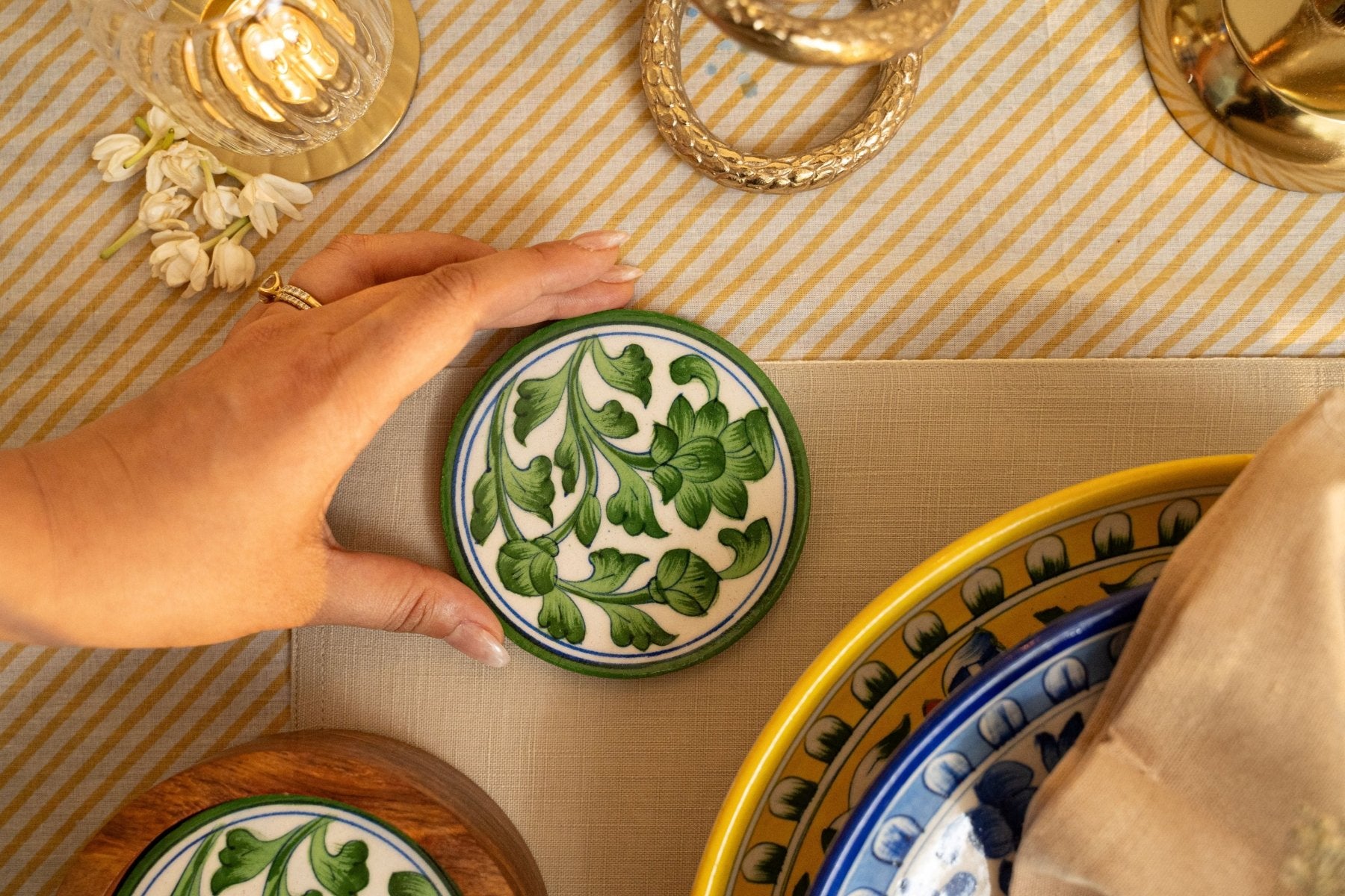 Green Jaipur Pottery Coasters - Set of 4 in Wooden Case - Marble Lotus - Green Jaipur Pottery Coasters - Set of 4 in Wooden Case - Marble Lotus