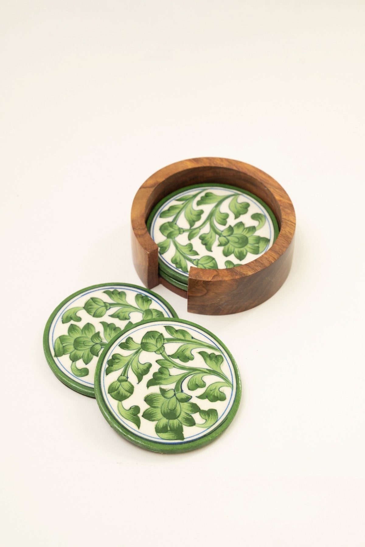 Green Jaipur Pottery Coasters - Set of 4 in Wooden Case - Marble Lotus - Green Jaipur Pottery Coasters - Set of 4 in Wooden Case - Marble Lotus