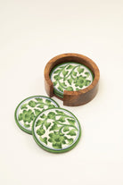 Green Jaipur Pottery Coasters - Set of 4 in Wooden Case - Marble Lotus - Green Jaipur Pottery Coasters - Set of 4 in Wooden Case - Marble Lotus
