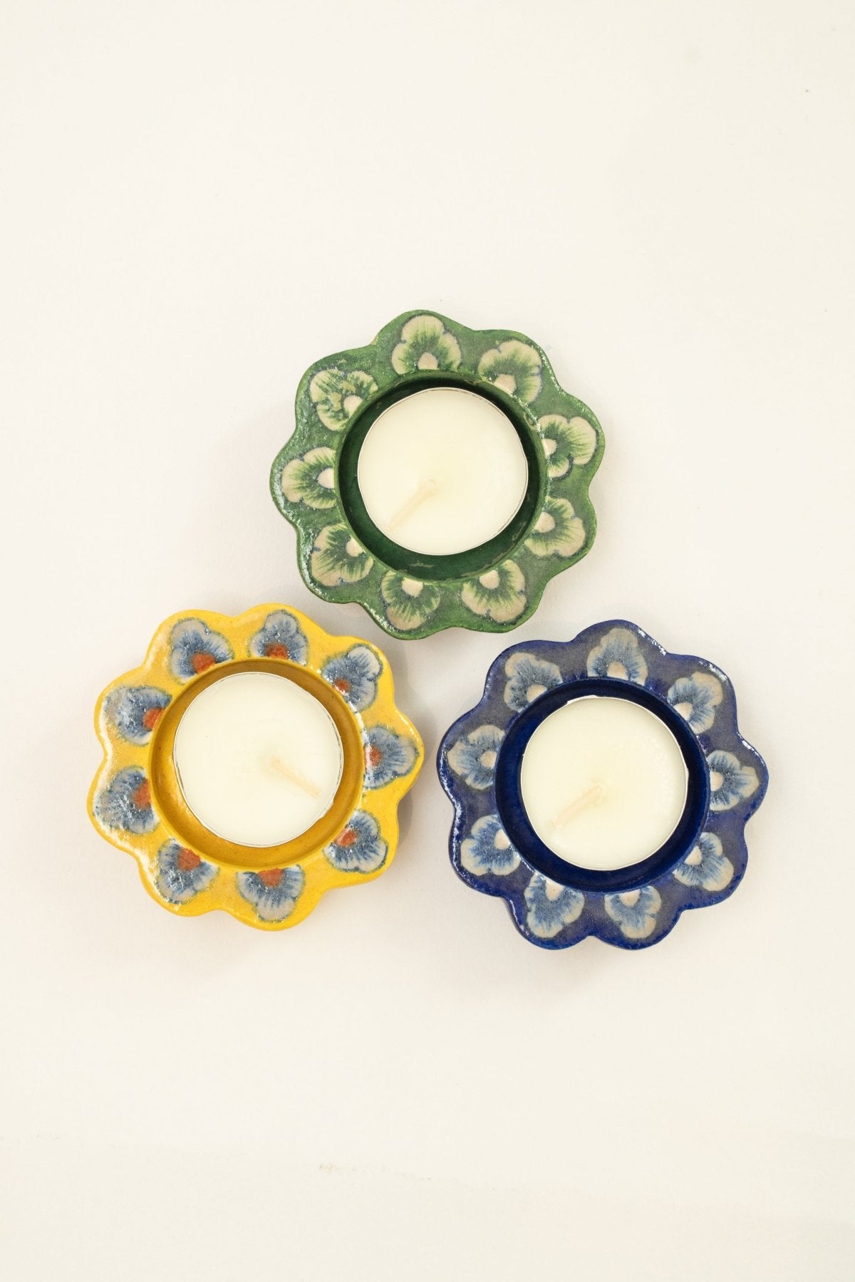 Green Jaipur Pottery Diya (Set of 2) - Marble Lotus - Green Jaipur Pottery Diya (Set of 2) - Marble Lotus