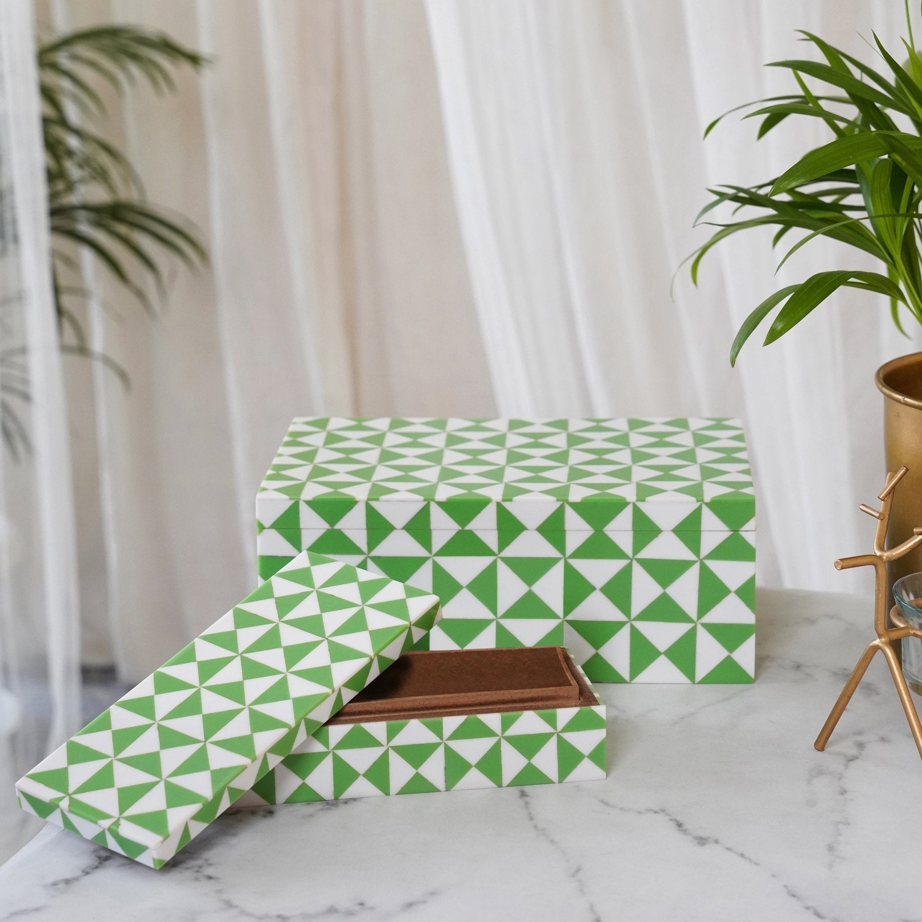 Green Wooden Box (Set of 2) - Marble Lotus - Green Wooden Box (Set of 2) - Marble Lotus - Saga Green Wooden Inlay Box Set of 2