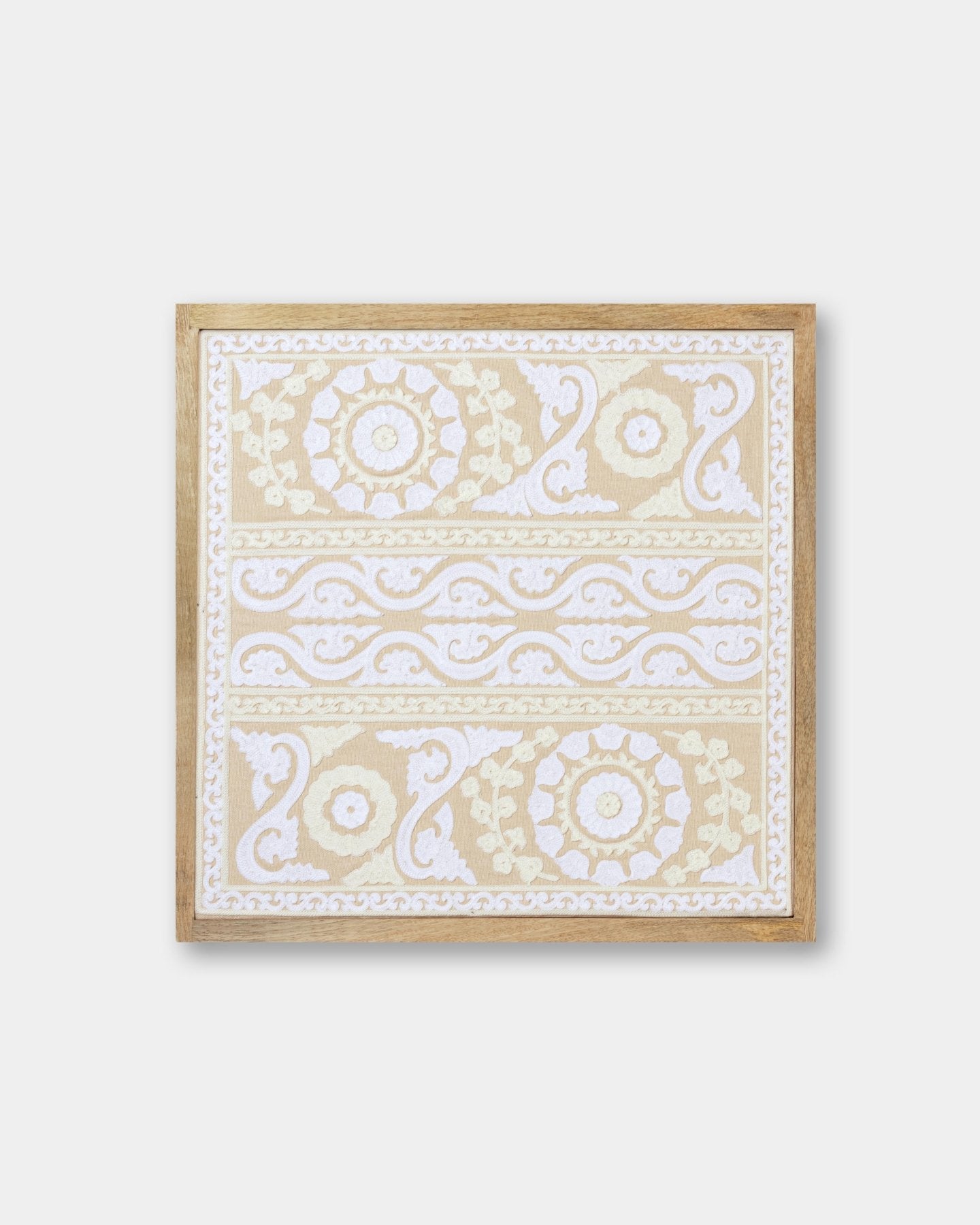 Ivory Framed Suzani Textile 16x16" - Marble Lotus - Ivory Framed Suzani Textile 16x16" - Marble Lotus - White Framed Textile Art 16x16