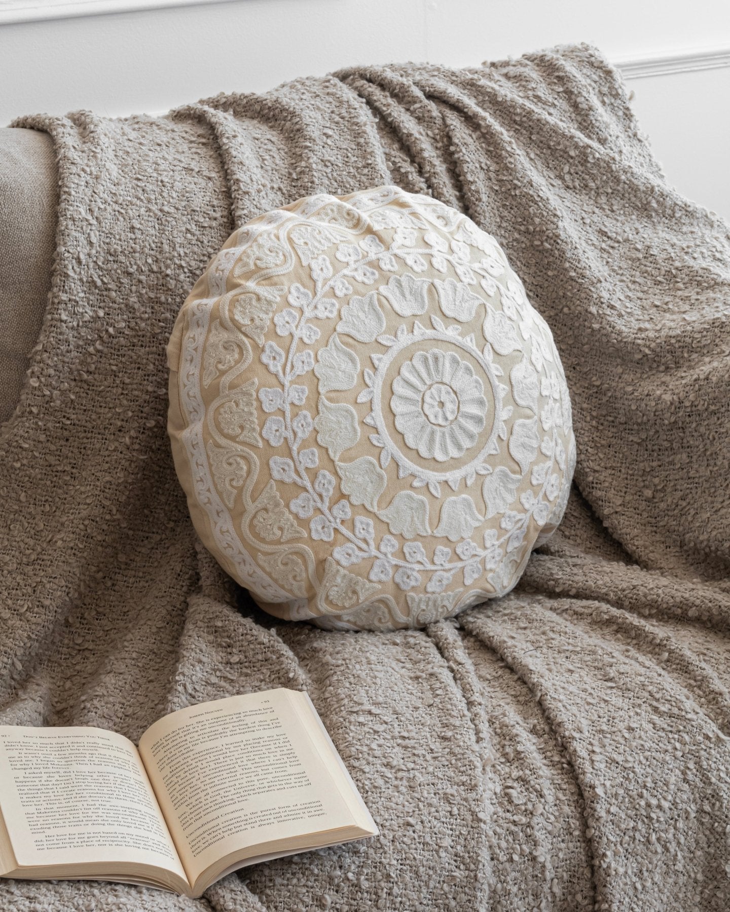 Ivory Suzani Pillow Cover Flora 16" Round - Marble Lotus - Ivory Suzani Pillow Cover Flora 16" Round - Marble Lotus - White Suzani Pillow Cover (16Ã¢â‚¬Â Round).